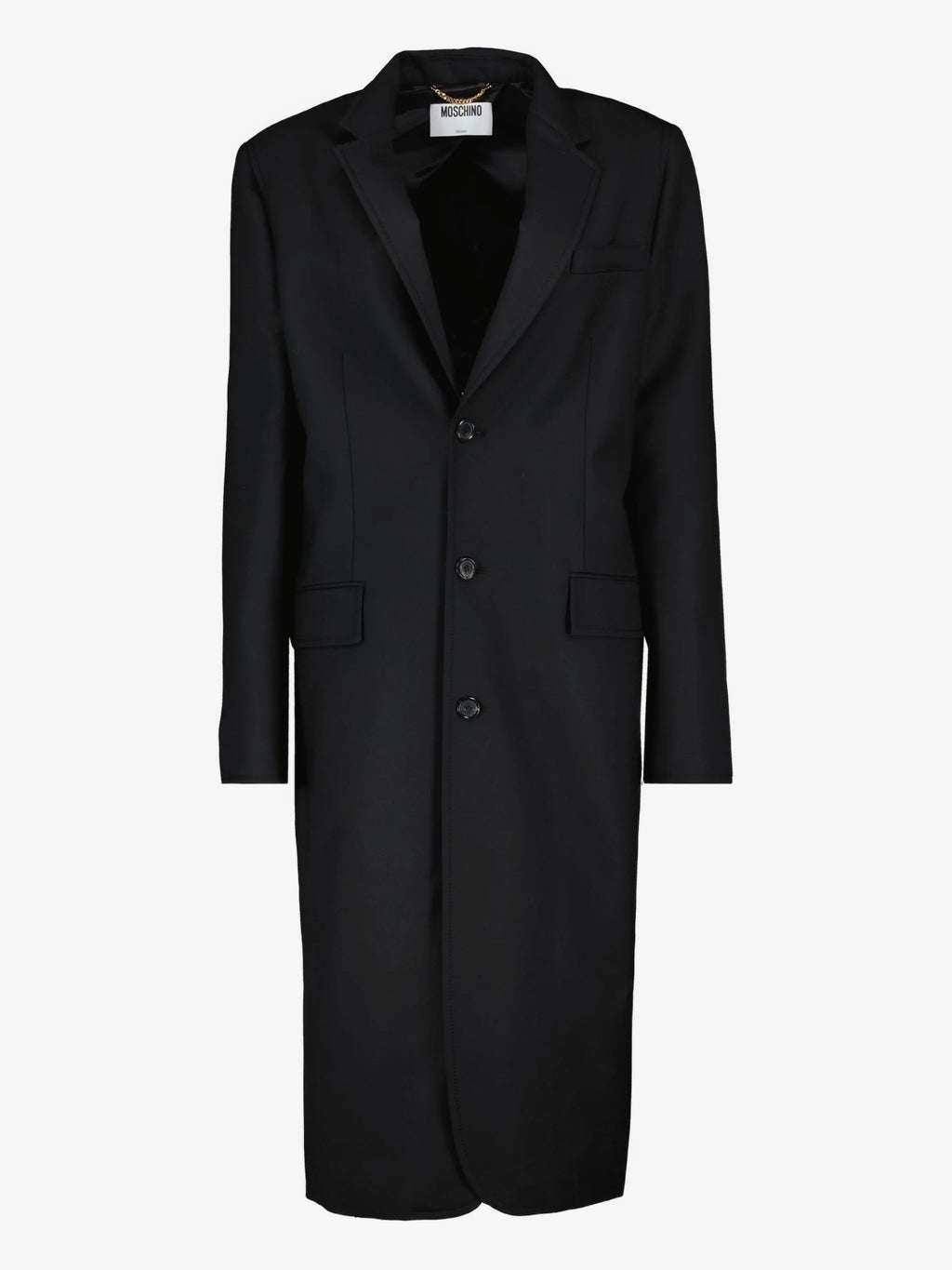 Image of Black Wool Coat by Moschino for Women - Season Autumn-Winter 2025 - Model View 1
