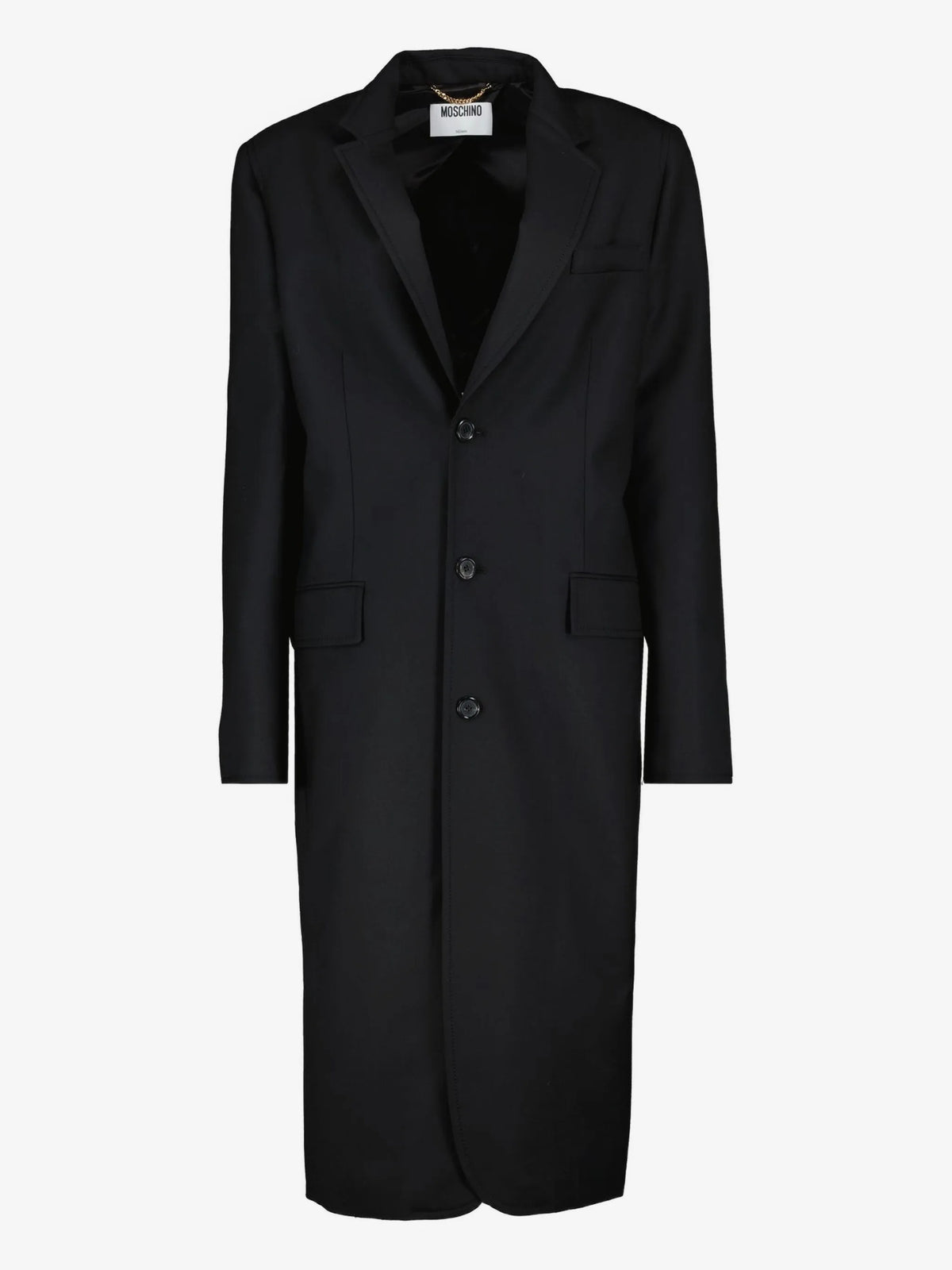 Image of Black Wool Coat by Moschino for Women - Season Autumn-Winter 2025 - Model View 1