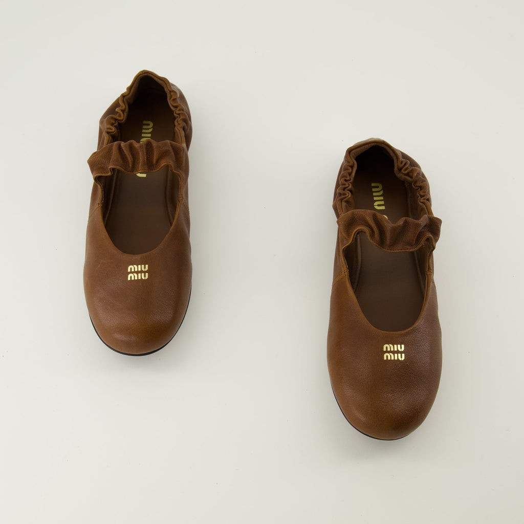 brown leather ballerinas, Miu Miu footwear, nappa leather shoes, elegant slip-on shoes, women's ballerinas