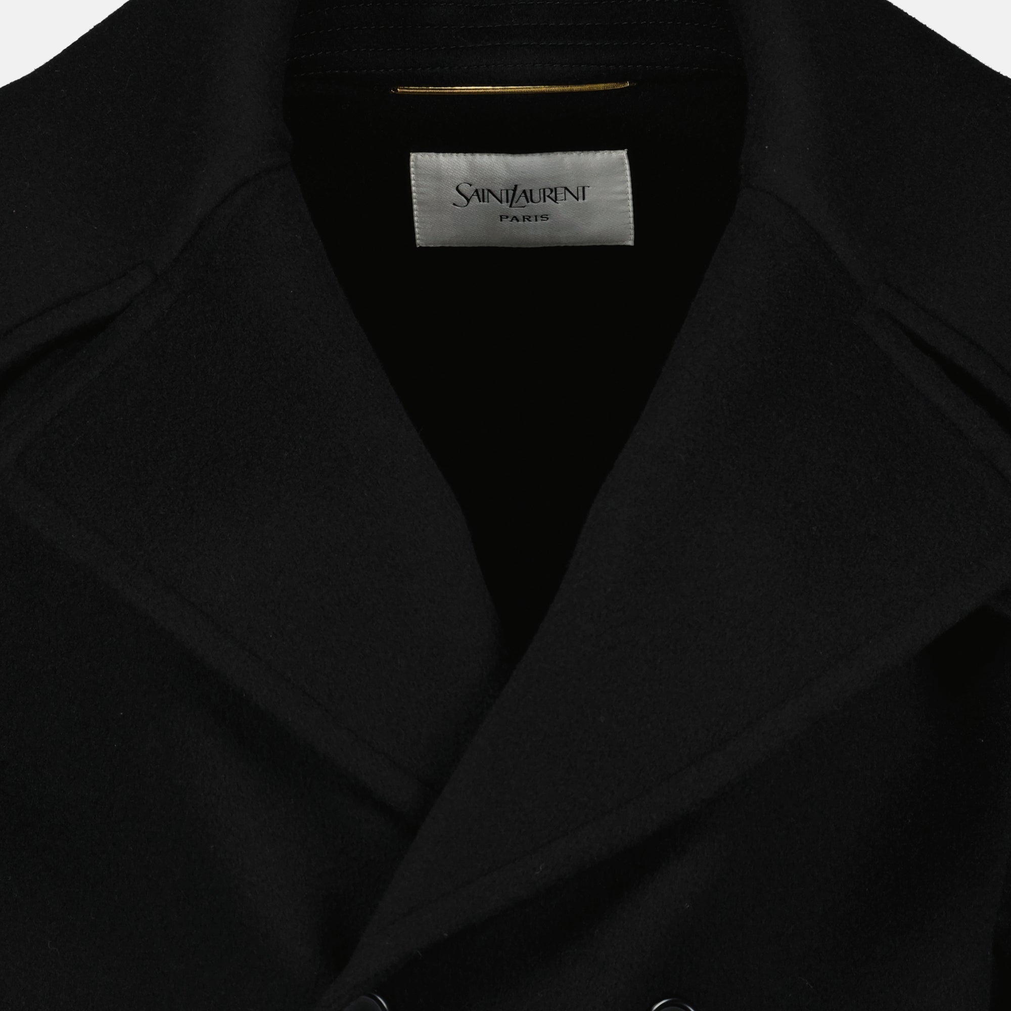 black wool coat, Saint Laurent, oversized coat, double-breasted coat, Autumn-Winter collection