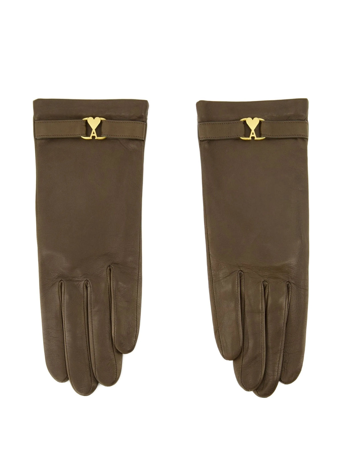Image of Brown Leather Gloves by Ami PARIS for Women - Season Autumn-Winter 2025 - Model View 1