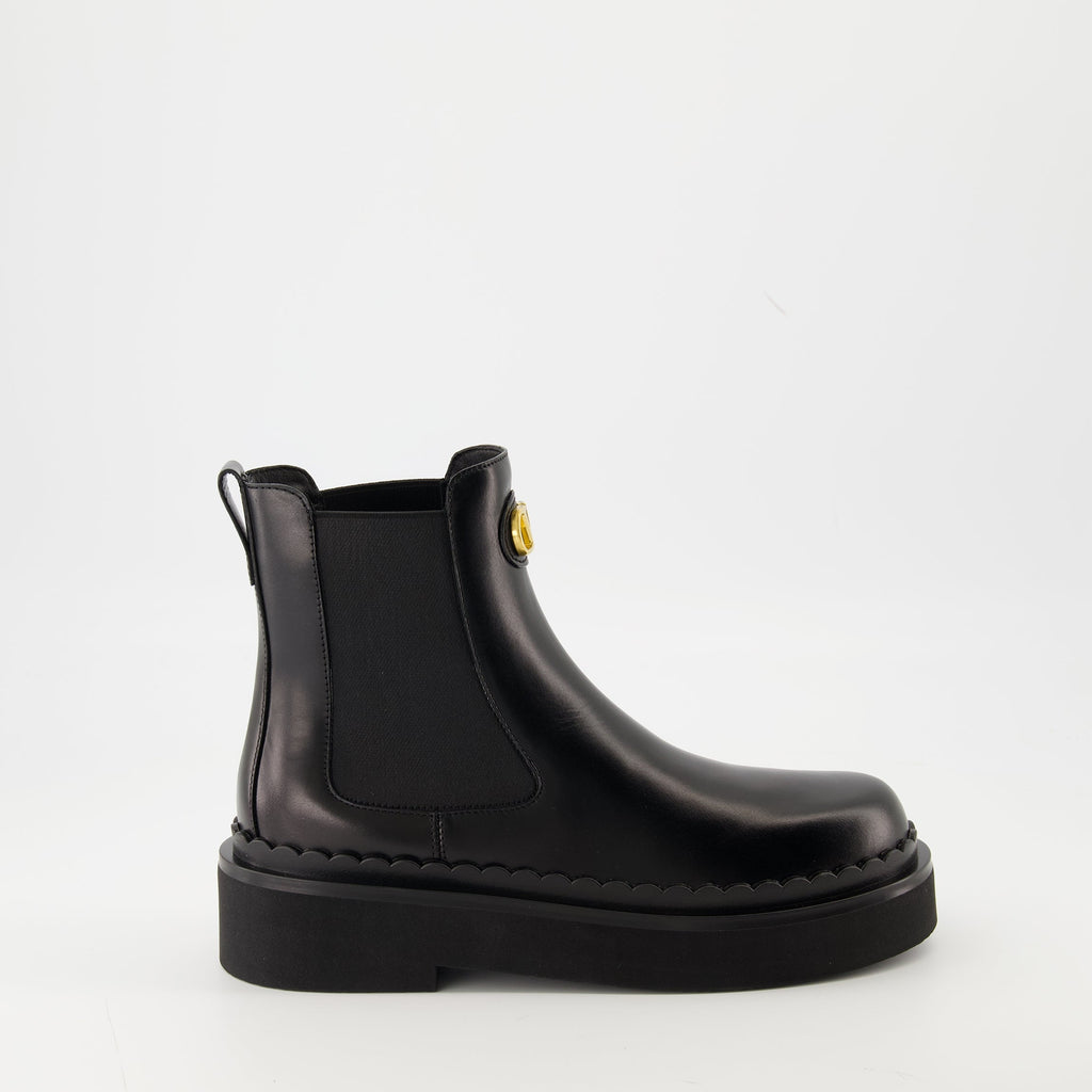 Beatle Boots, Valentino, Black Calf Leather Boots, Slip-On Boots, VLogo Signature