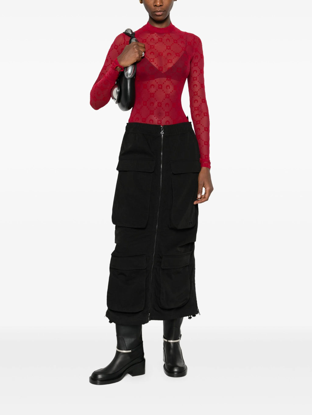 Image of Red Mesh Monogram Top by Marine Serre for Women - Season Autumn-Winter 2025 - Model view 1