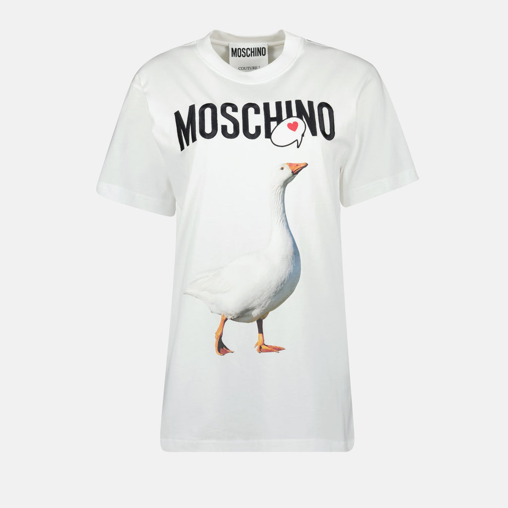 Moschino T-shirt, white printed tee, cotton tee, women's casual wear, fashionable T-shirt