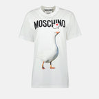 Image of White Goose Print T-Shirt by Moschino for Women - Season Spring-Summer 2025 - Front View