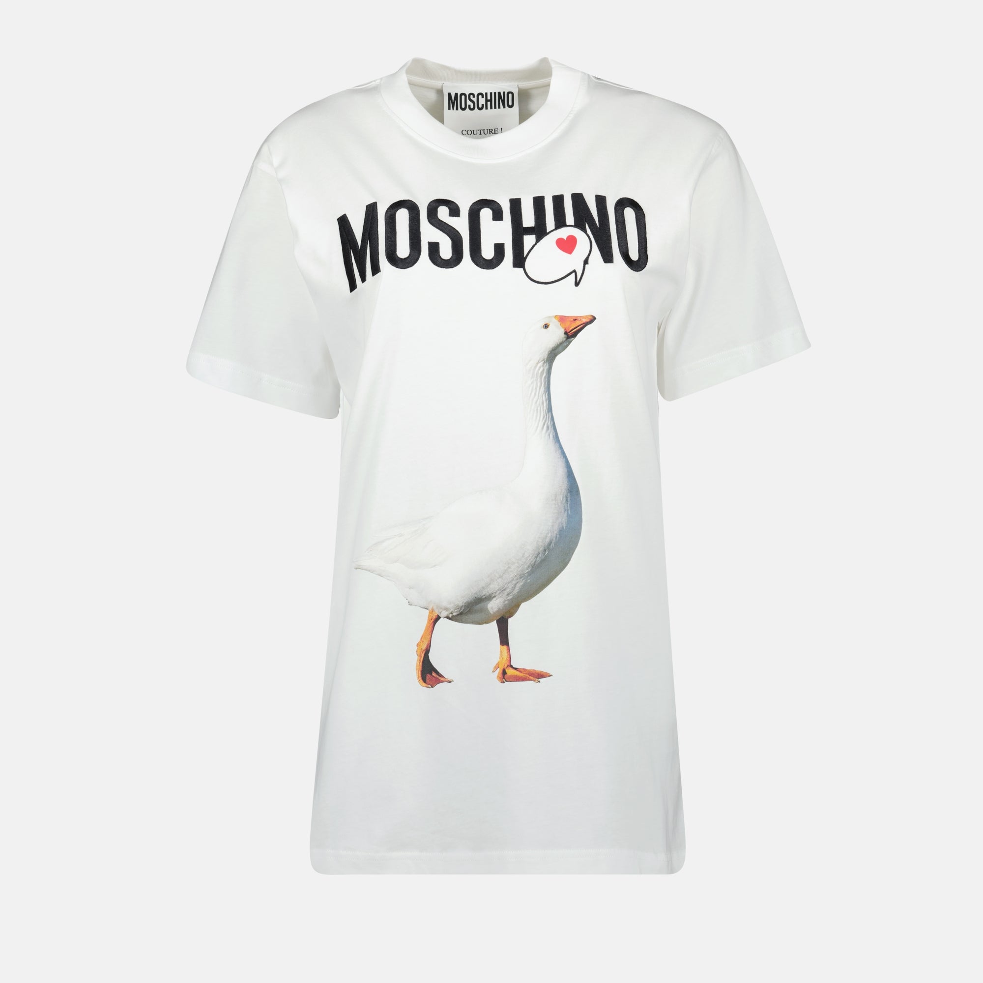 Moschino T-shirt, white printed tee, cotton tee, women's casual wear, fashionable T-shirt