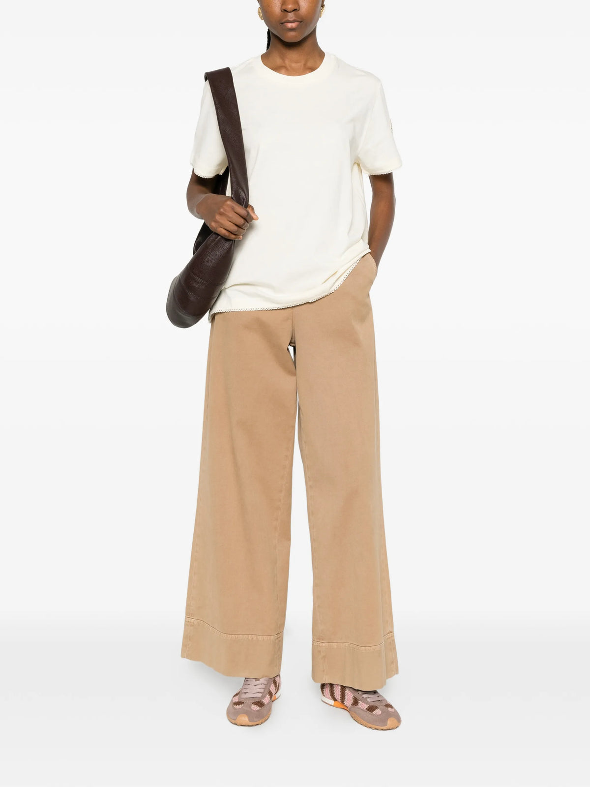 Image of White Logo T-Shirt by Moncler for Women - Season Spring-Summer 2026 - Model View 1