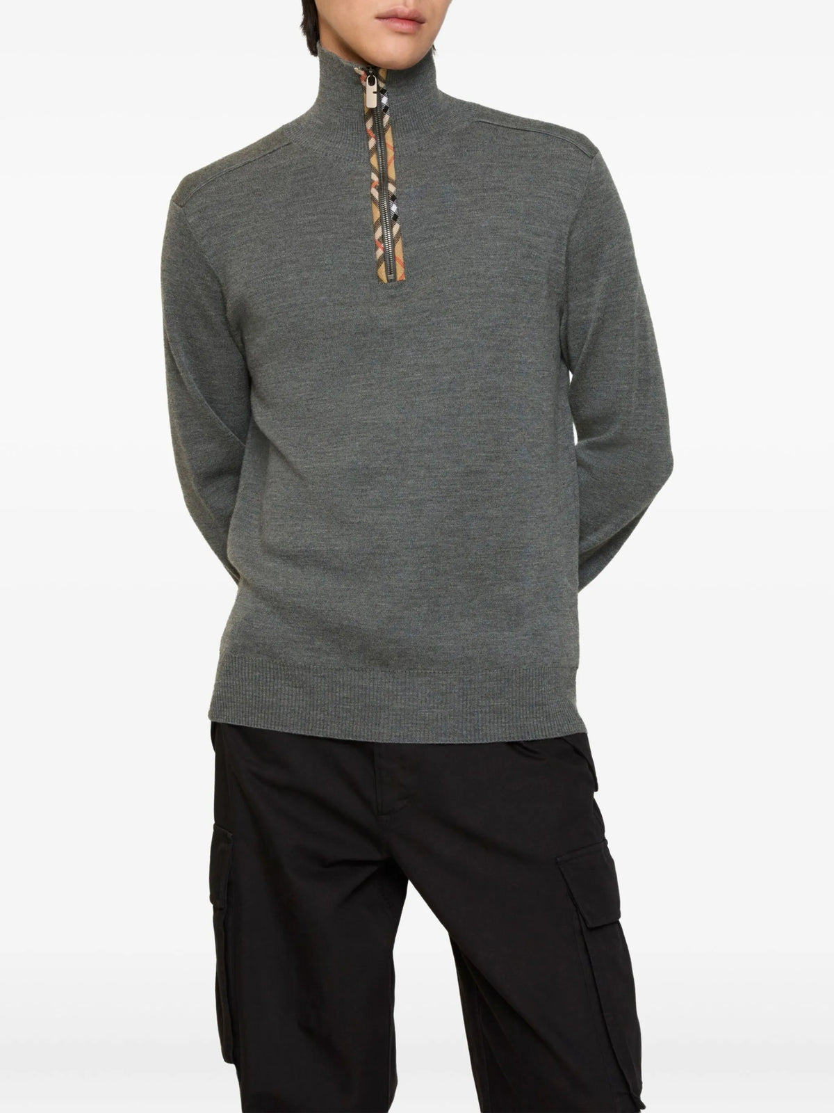 Image of Grey Wool Zip Sweater by Burberry for Men - Season Spring-Summer 2026 - Model View 2