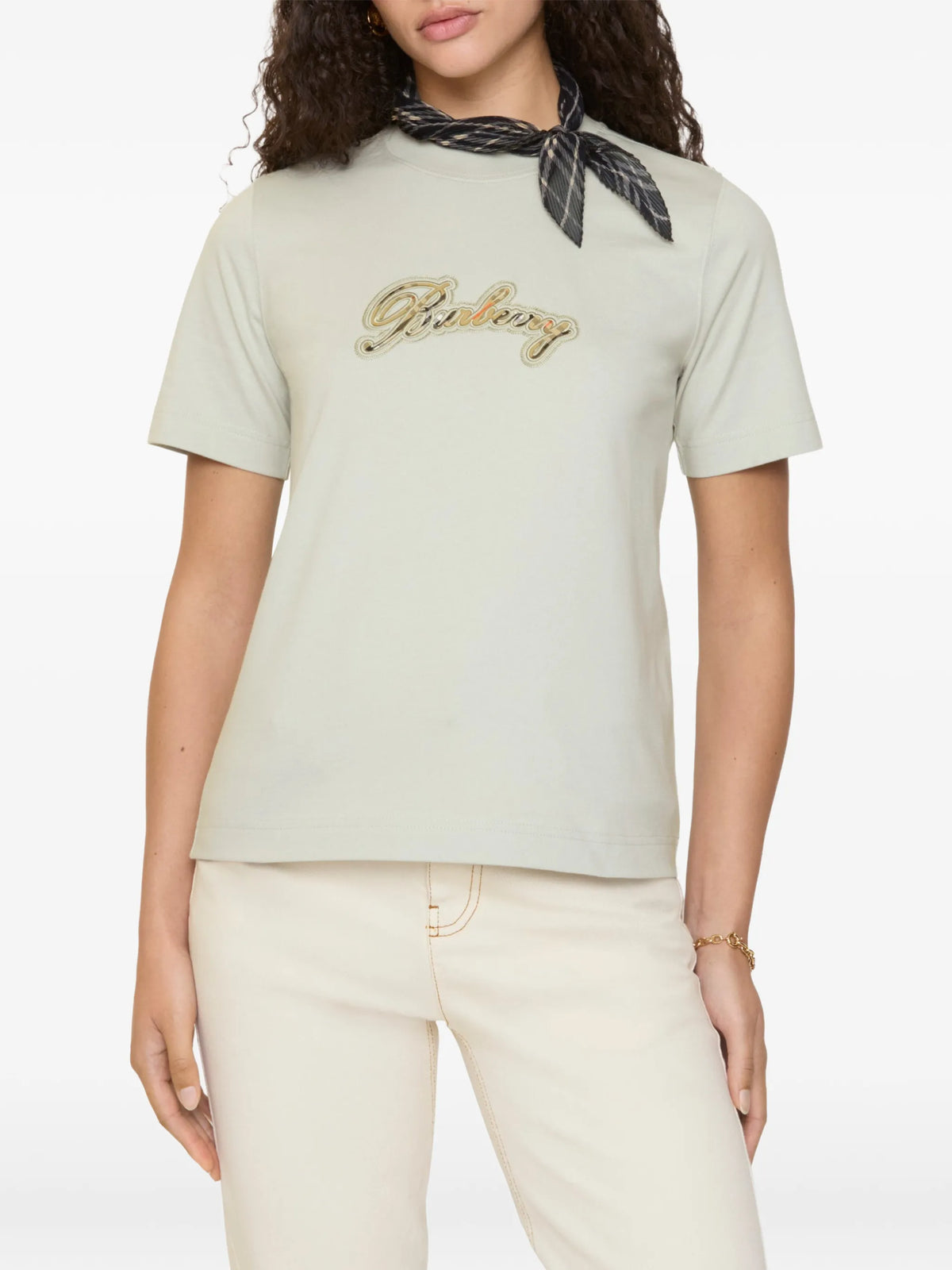 Image of T-Shirt Logo Check Green by Burberry for Women - Season Spring-Summer 2026 - Model View 2