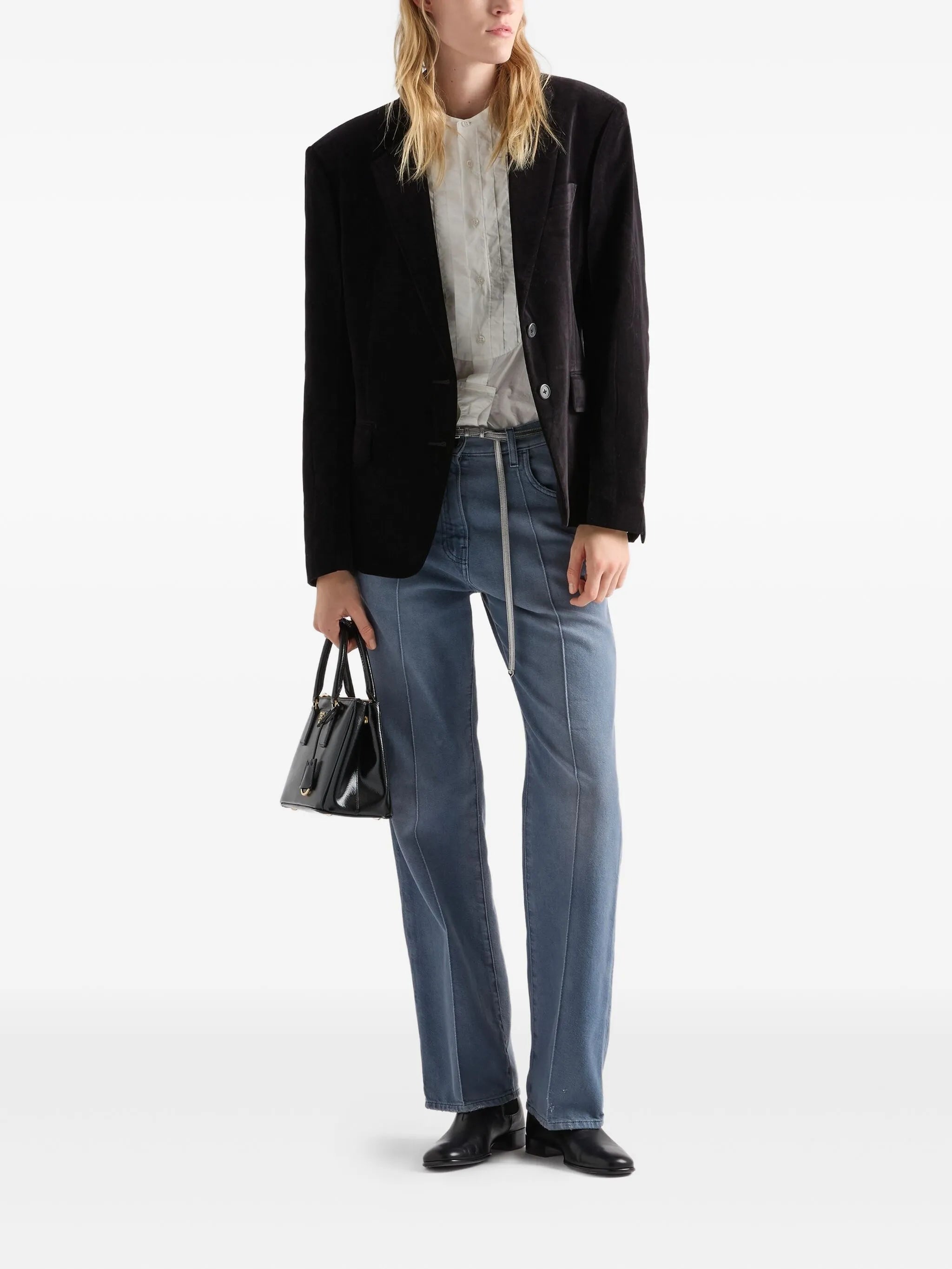 Image of Prada Black Velvet Blazer by Prada for Women - Season Spring-Summer 2026 - Model view 1