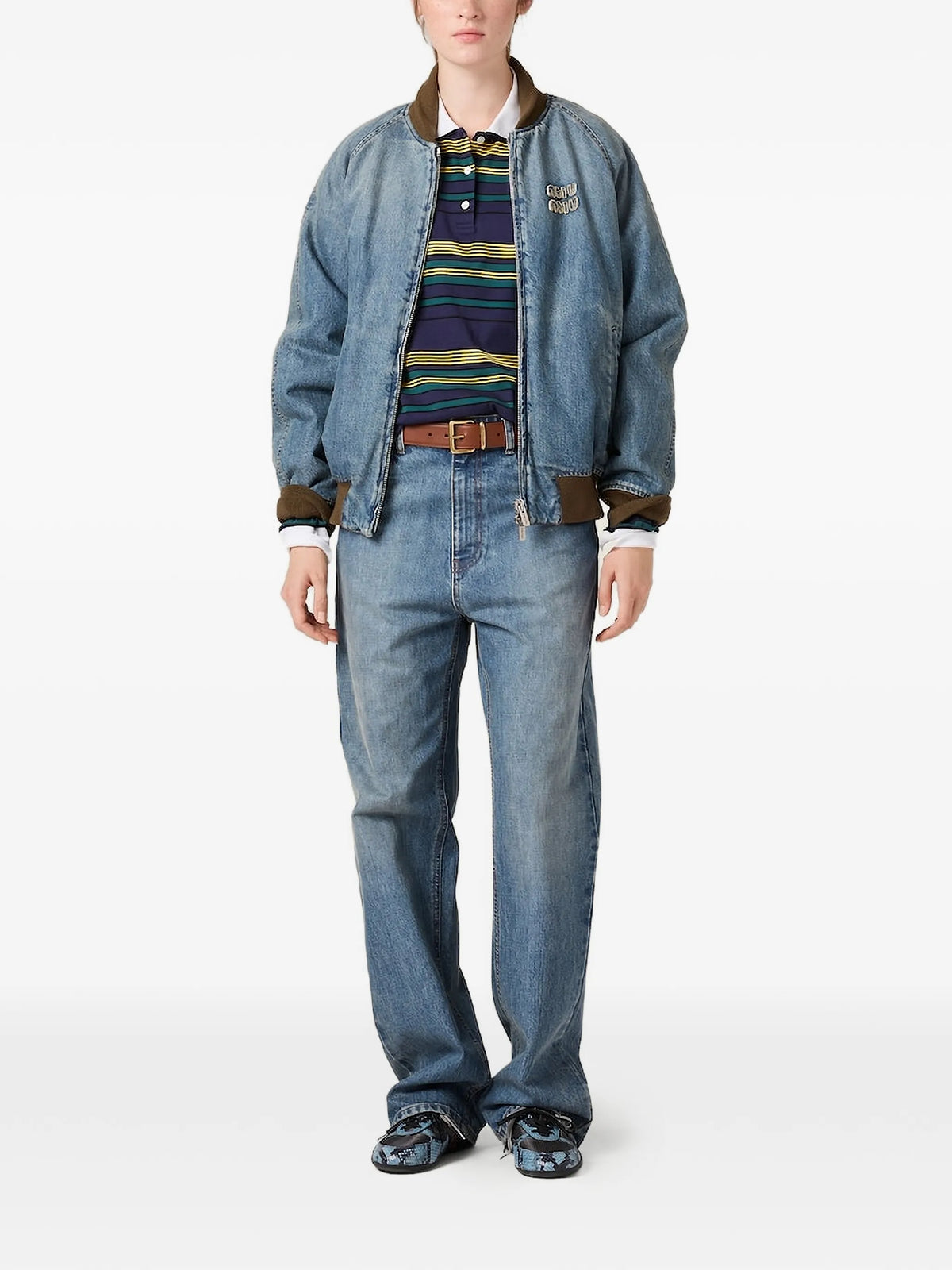 Image of Blue Embroidered Jeans by Miu Miu for Women - Season Spring-Summer 2026 - Model View 2