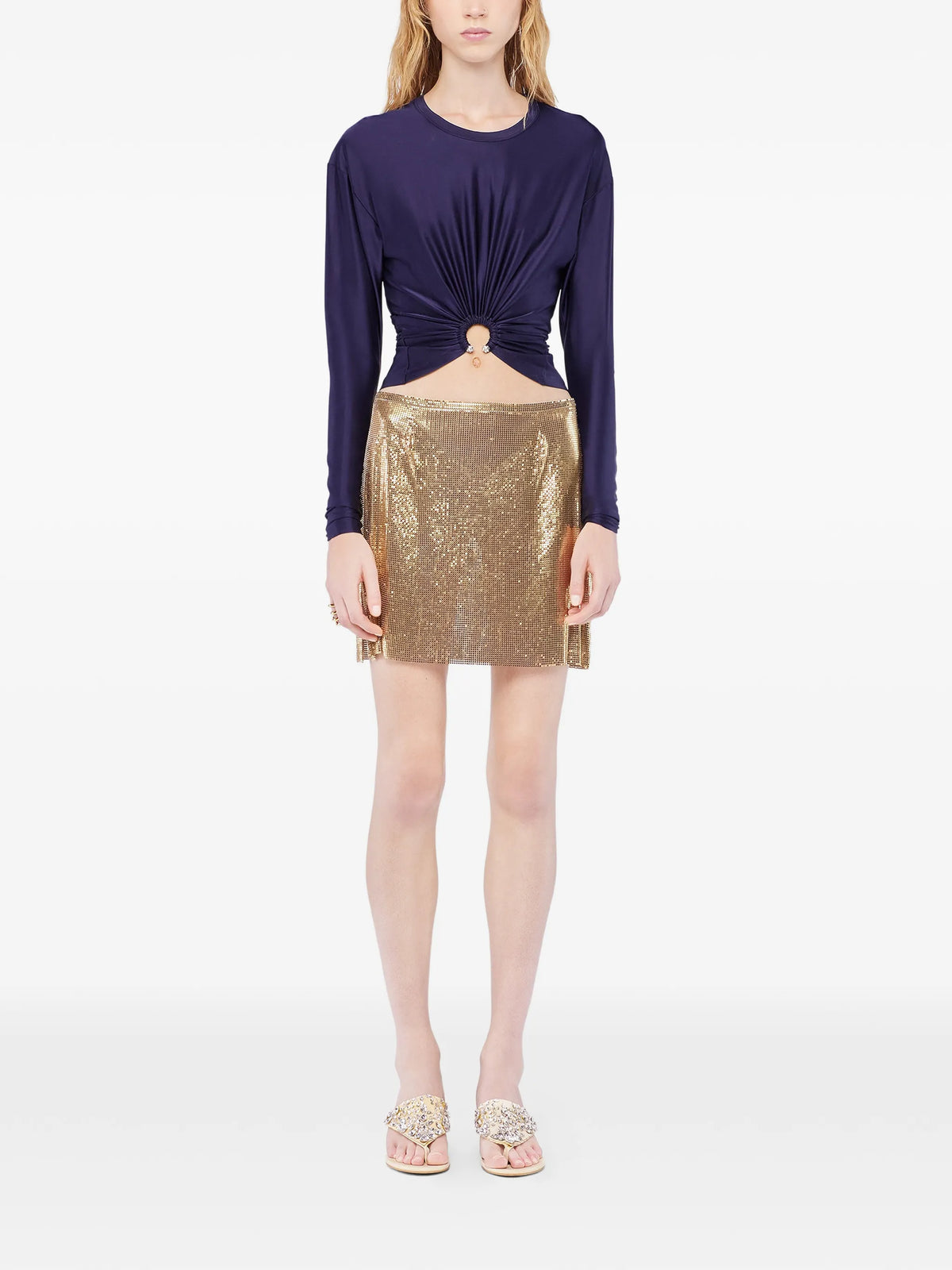Image of Crop Top Piercing en Jersey Bleu Marine by Rabanne for Women - Season Spring-Summer 2026 - Model View 1