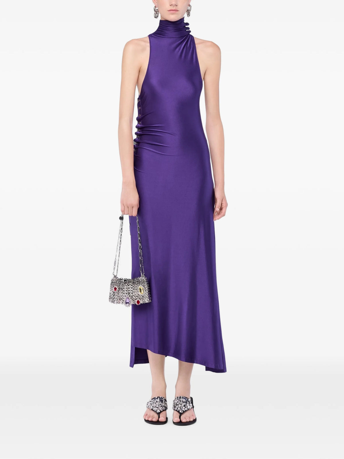 Image of Long Purple Draped Jersey Dress by Rabanne for Women - Season Spring-Summer 2026 - Model View 1