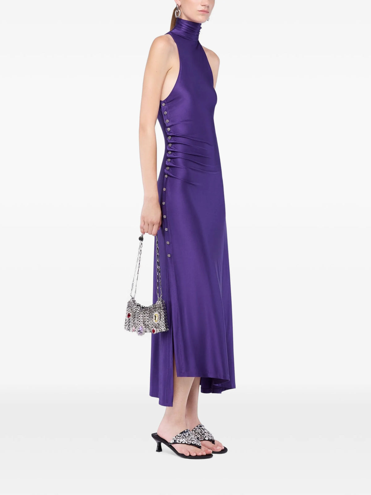 Image of Long Purple Draped Jersey Dress by Rabanne for Women - Season Spring-Summer 2026 - Model View 2