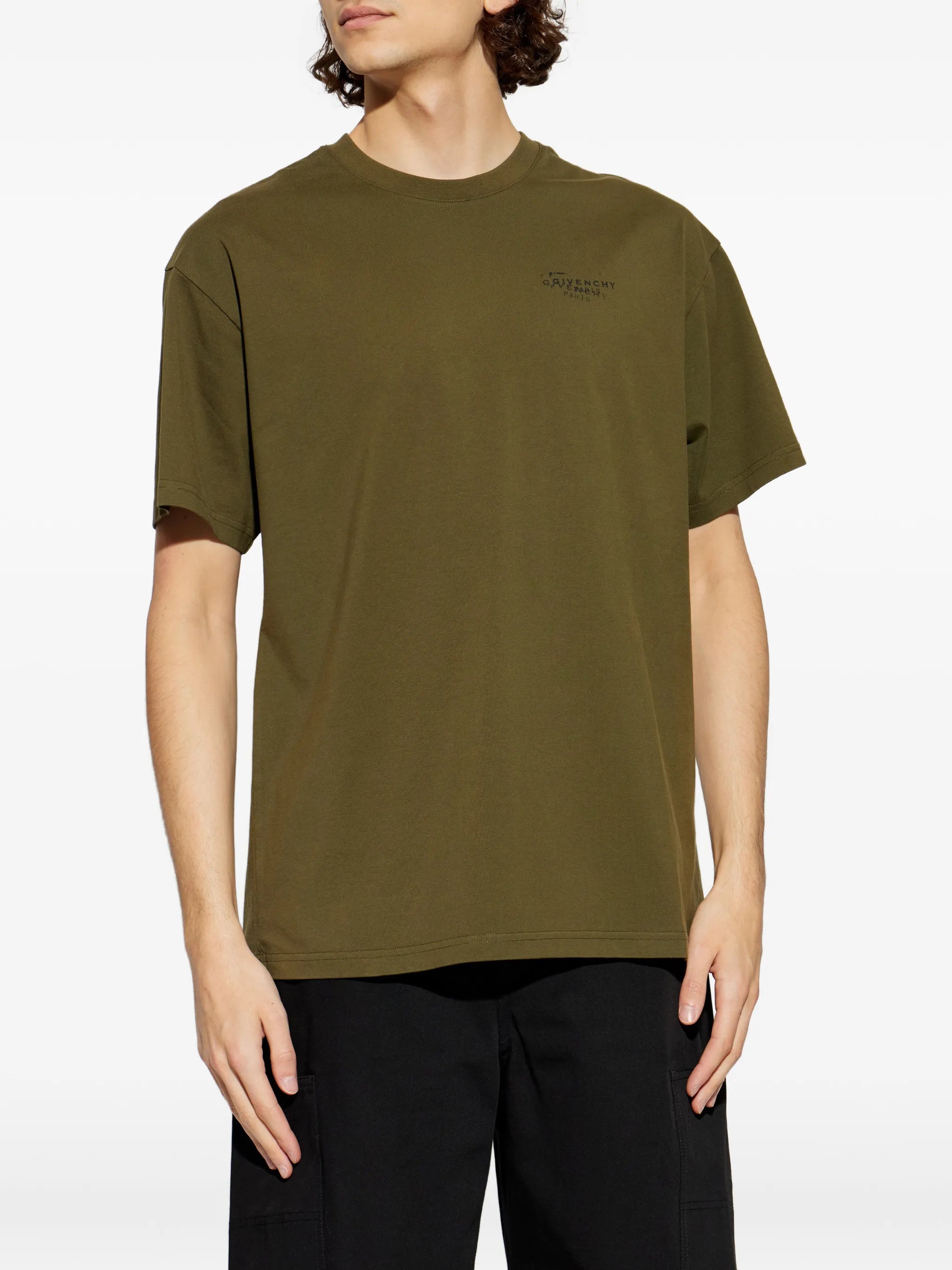 Image of Givenchy Kaki Stamp T-Shirt by Givenchy for Men - Season Spring-Summer 2026 - Model view 2