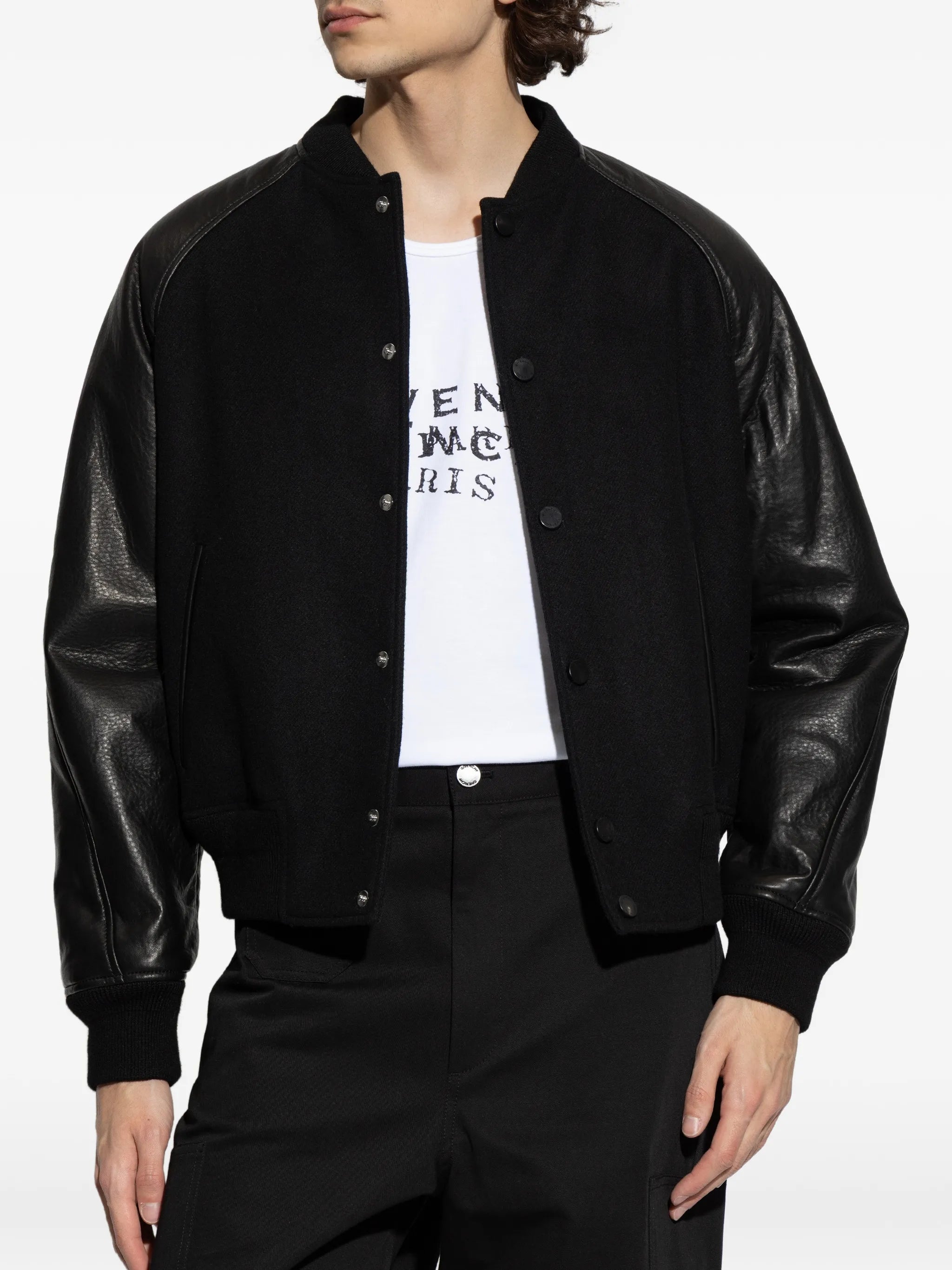 Image of Bi-Material Black Bomber Jacket by Givenchy for Men - Season Spring-Summer 2026 - Model View 2