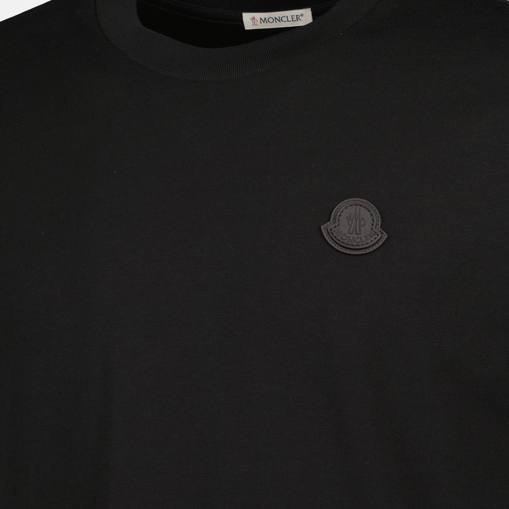 Moncler t-shirt, black logo shirt, cotton jersey t-shirt, leather patch t-shirt, autumn winter collection