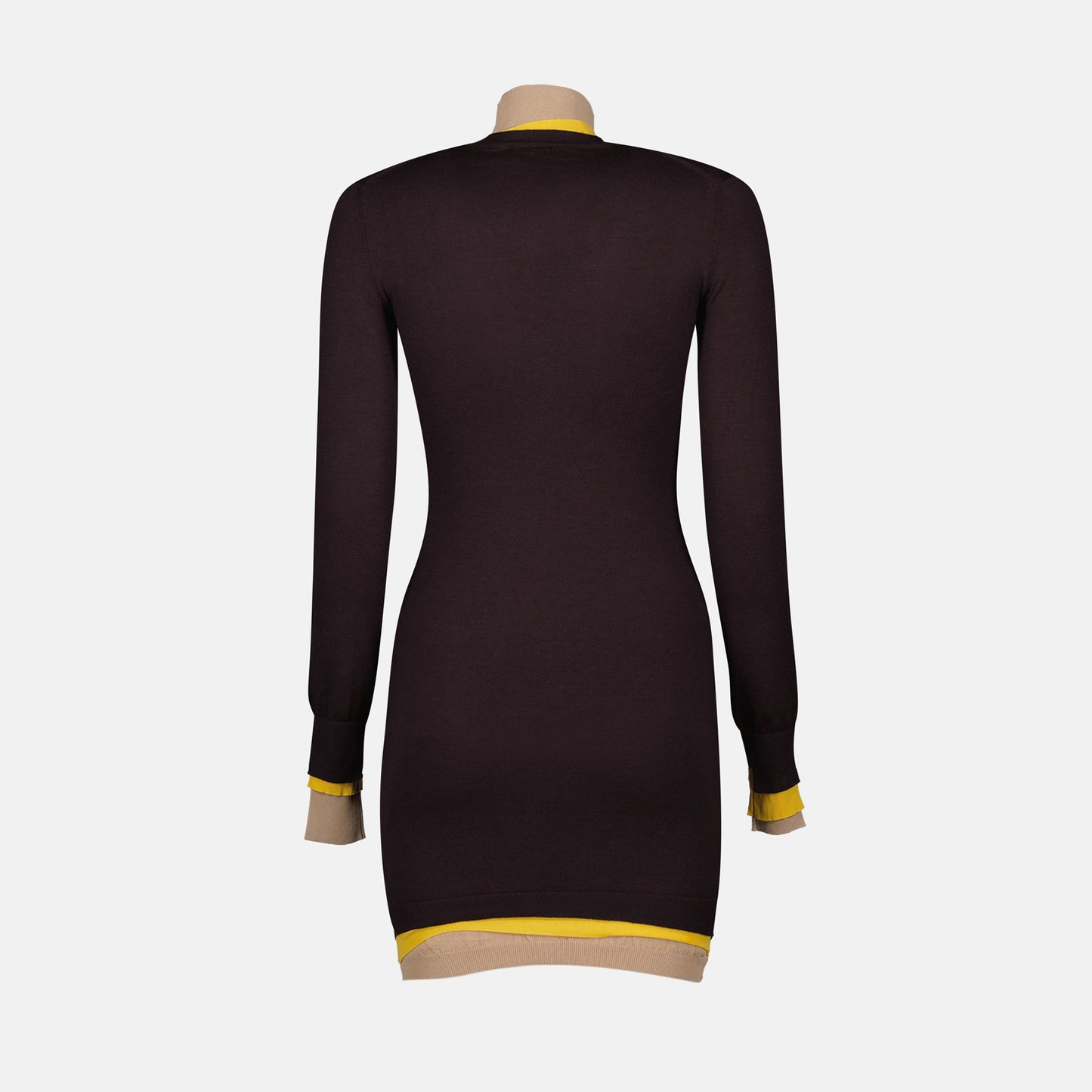 Purple Wool Dress, Slim Fit Dress, Layered Cuffs Dress, Embroidered Logo Dress, High Neck Wool Dress