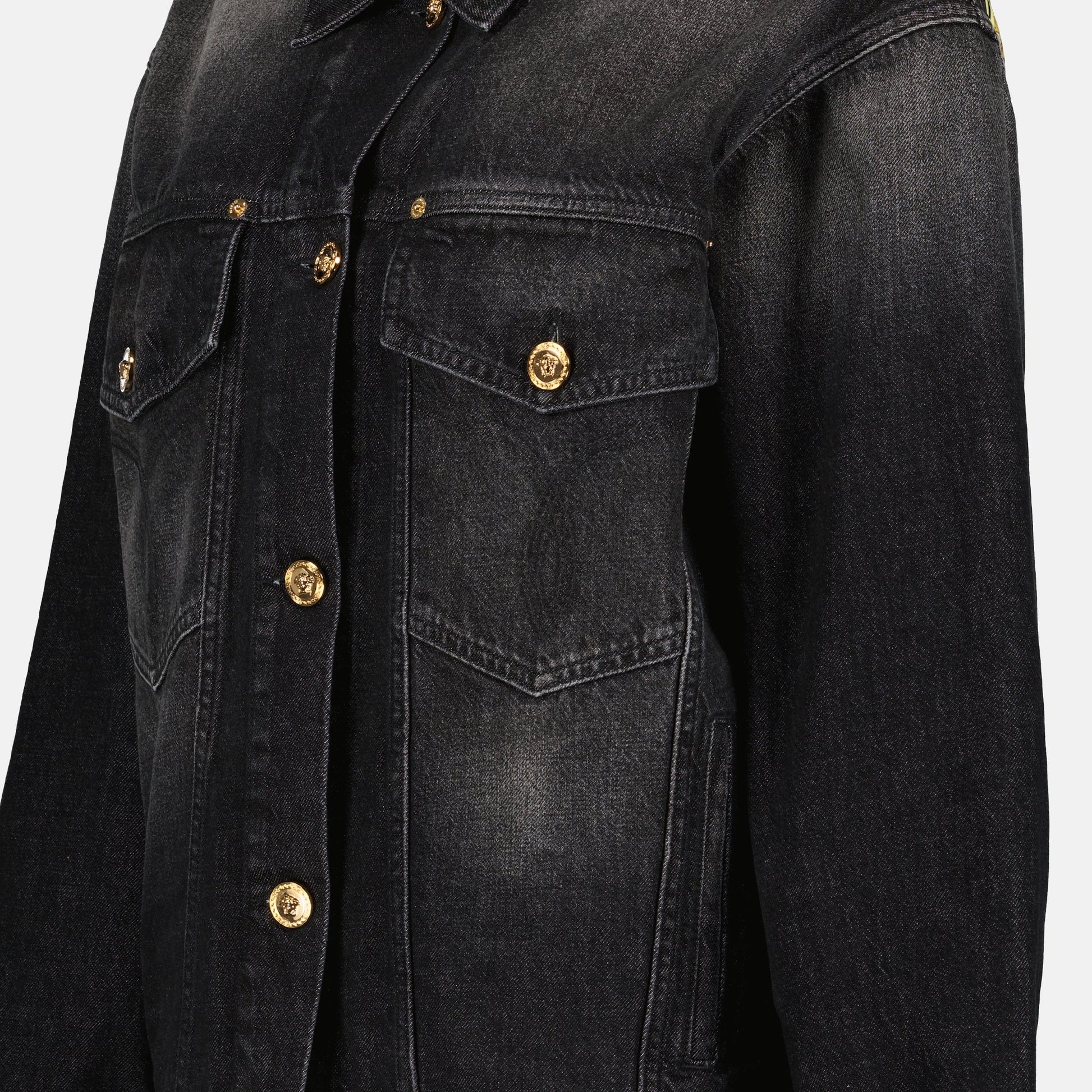 Barocco jacket, black denim jacket, luxury denim, Versace fashion, high-end outerwear