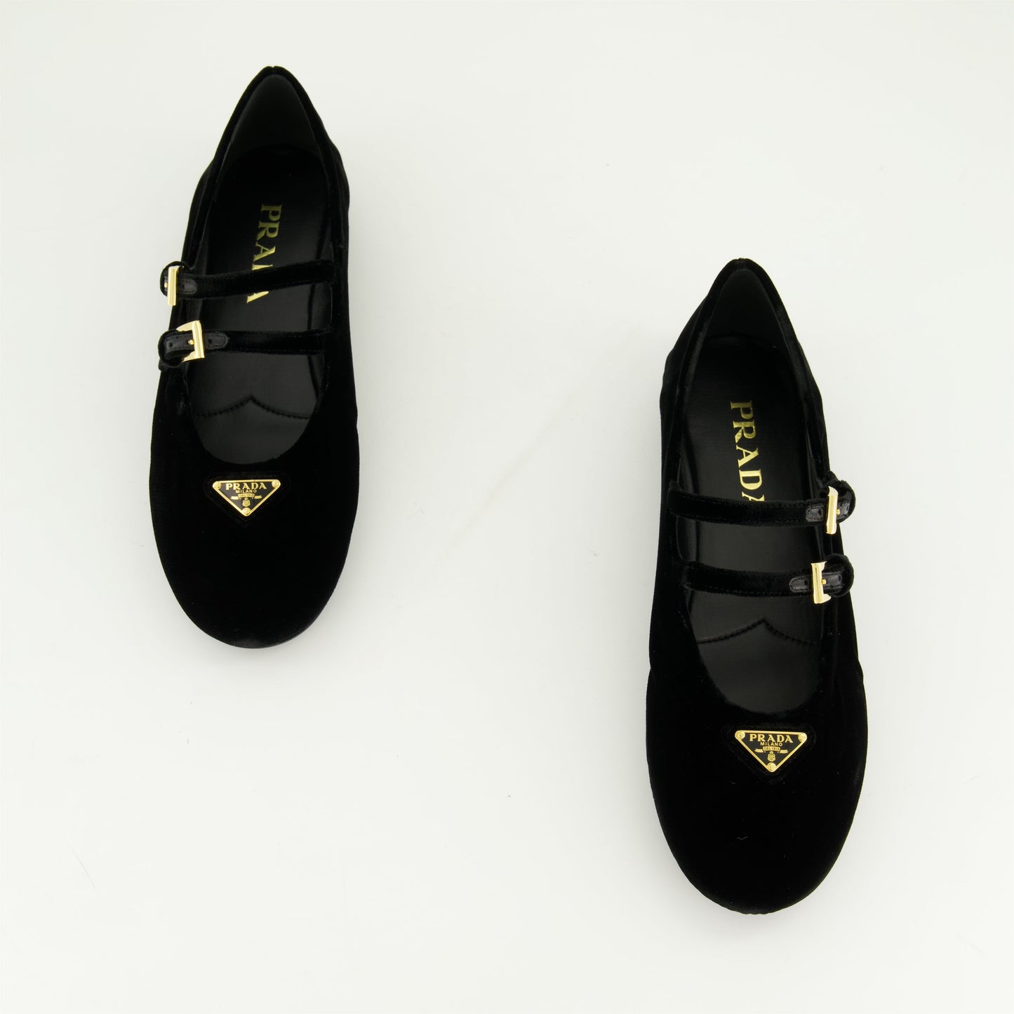 black velvet ballerinas, adjustable straps, metal logo detail, Prada collection, almond toe design