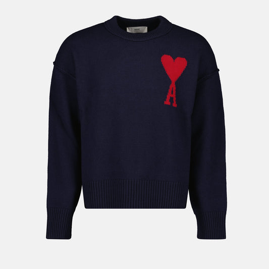 Ami de cœur oversize wool sweater, AMI Paris Autumn-Winter 2024, luxury navy blue wool sweater, stylish oversize sweater, premium wool sweater