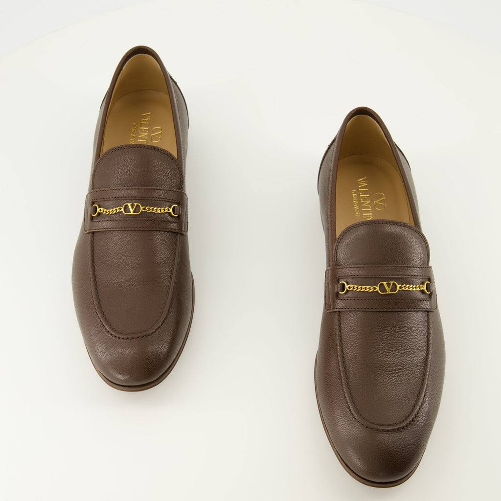 Vlogo moccasins, Valentino Garavani, brown leather shoes, luxury footwear, pointed toe moccasins