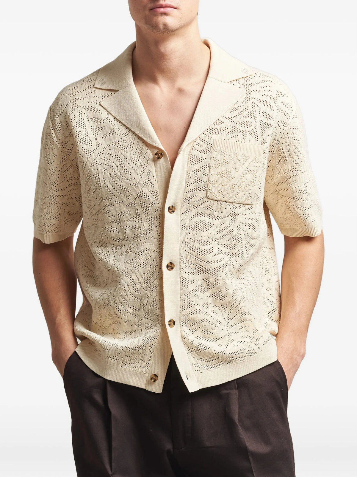 Image of Beige Lace Shirt - Collection Printemps-Été 2026 by Drole De Monsieur for Men - Season Spring-Summer 2026 - Model View 1