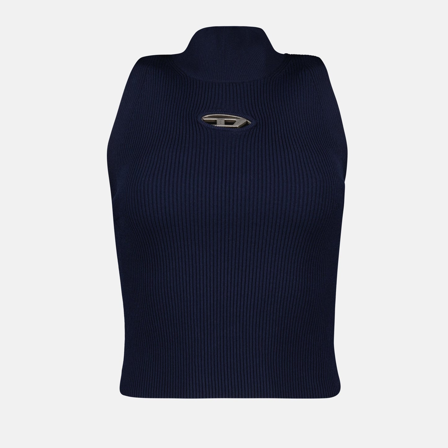 ribbed turtleneck top, sleeveless blue top, Diesel Autumn-Winter collection, luxury jersey top, high-neck stretch top