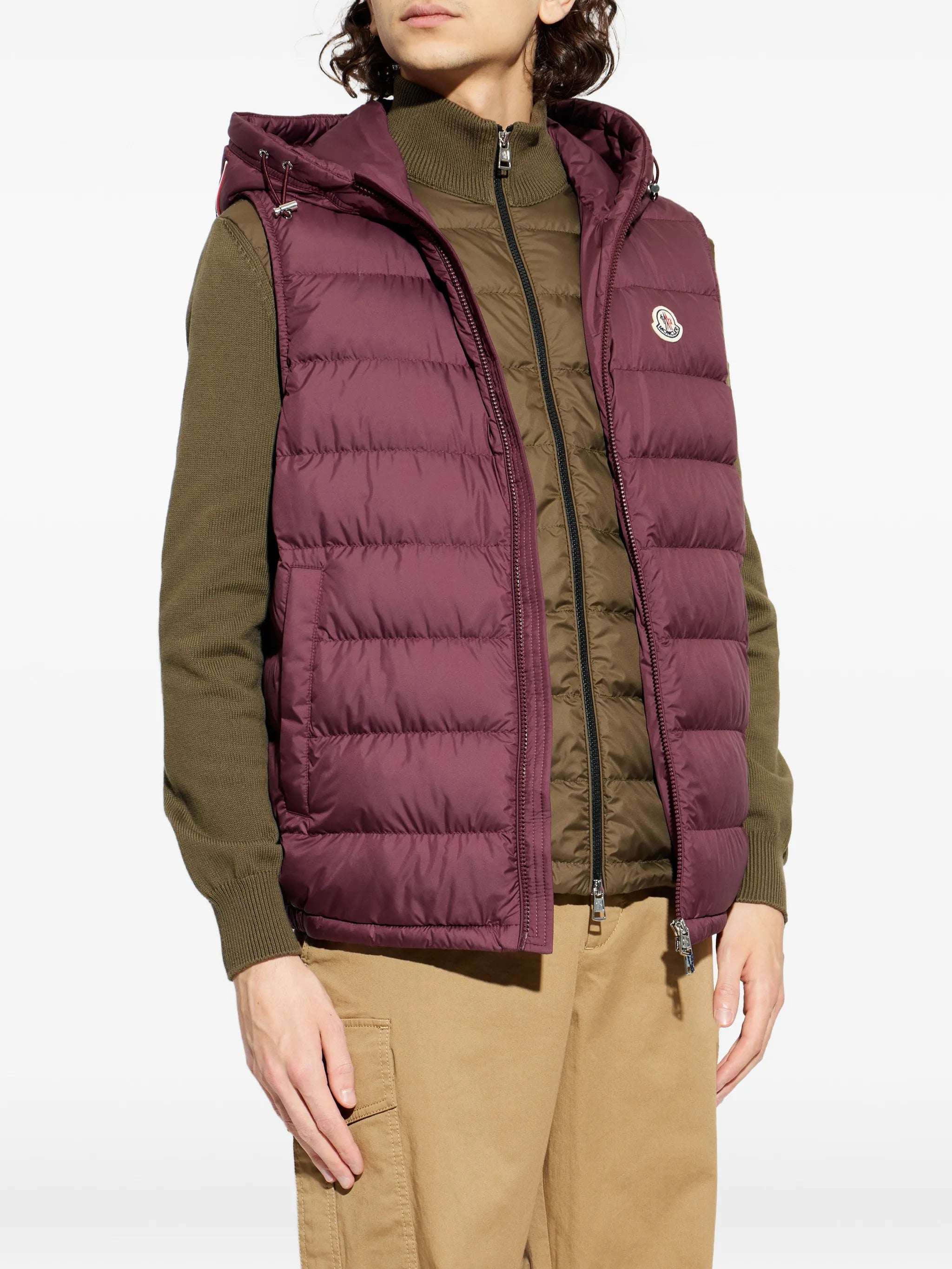 Image of Marseillan Burgundy Down Vest by Moncler for Men - Season Spring-Summer 2026 - Model view 2