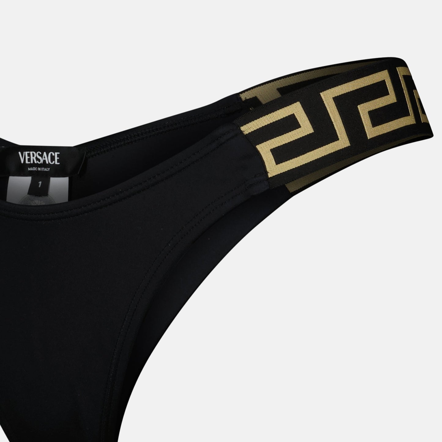 Versace, bikini bottoms, Greca pattern, luxury swimwear, black bikini