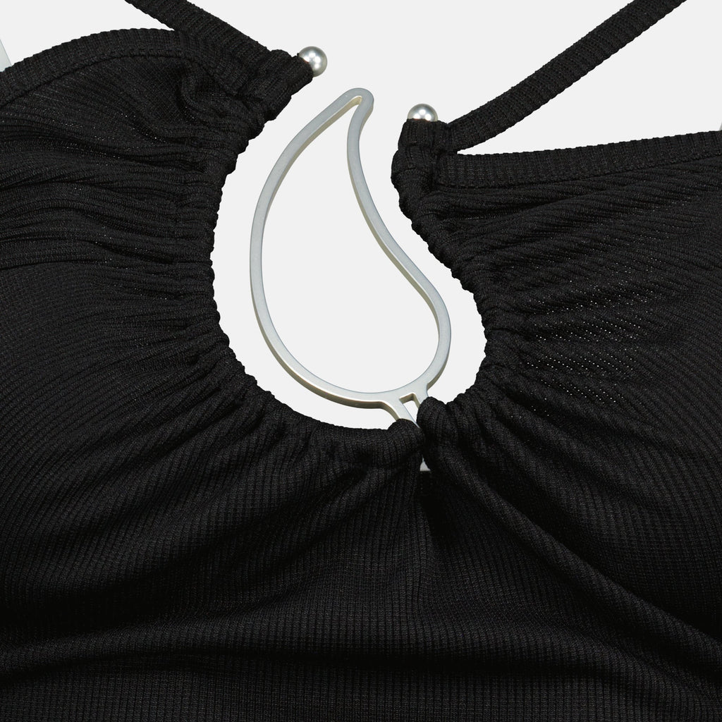 black paisley top, Christopher Esber, asymmetrical straps, natural stone pendant, slim fit