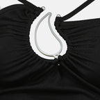 black paisley top, Christopher Esber, asymmetrical straps, natural stone pendant, slim fit