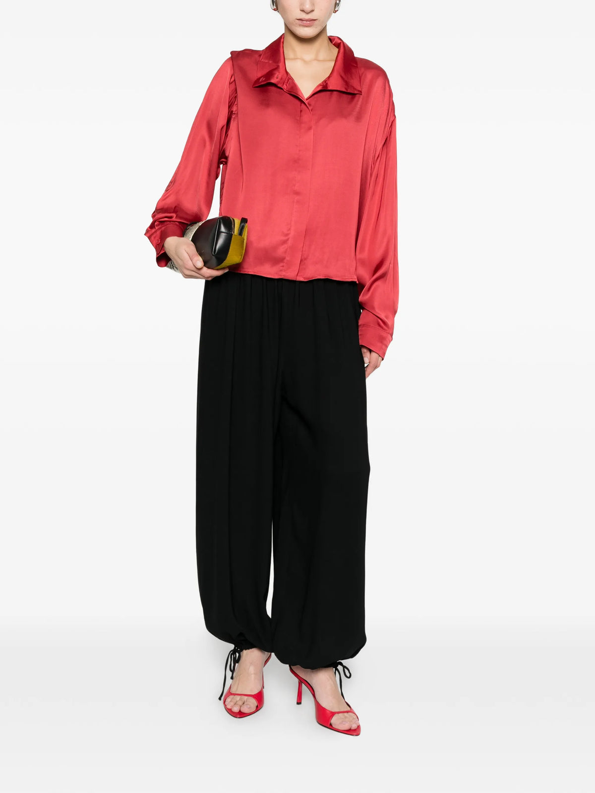 Image of Fluid Satin Effect Shirt Red by Iro for Women - Season Spring-Summer 2026 - Model View 1