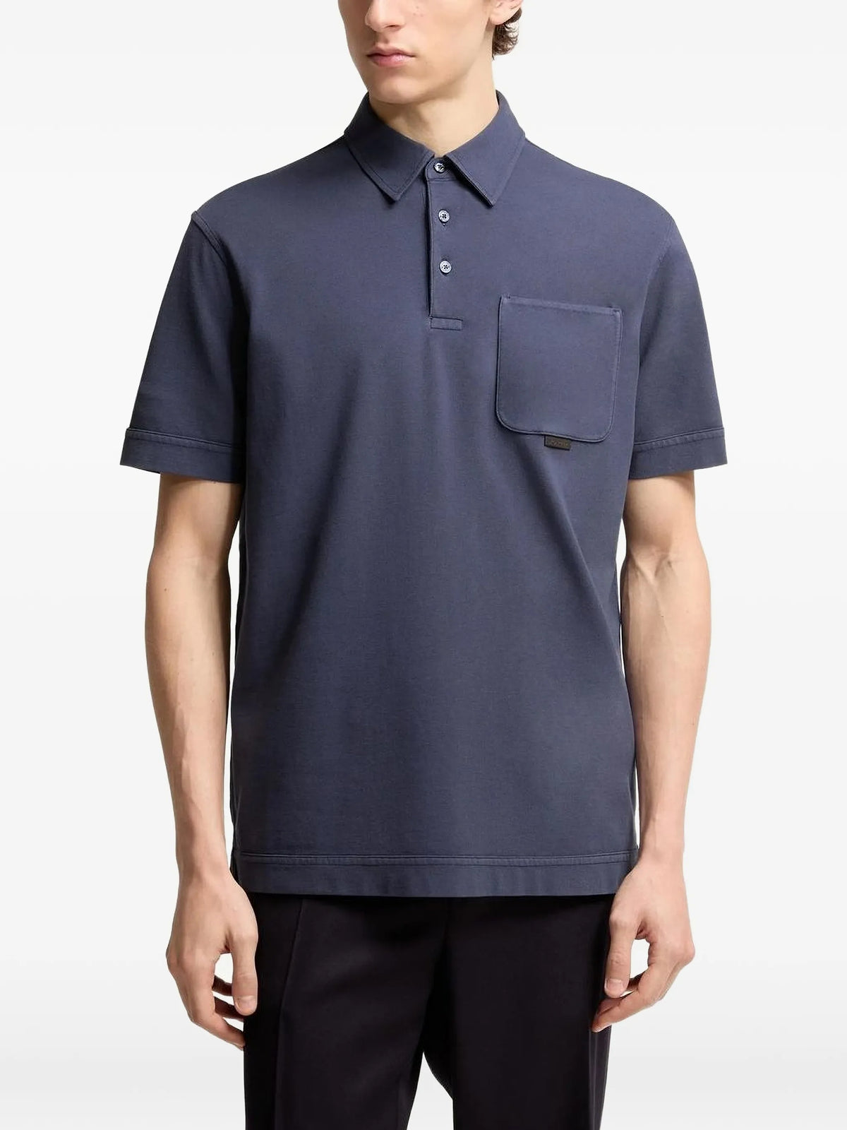 Image of Navy Piqué Cotton Polo by Moncler for Men - Season Spring-Summer 2026 - Model View 2