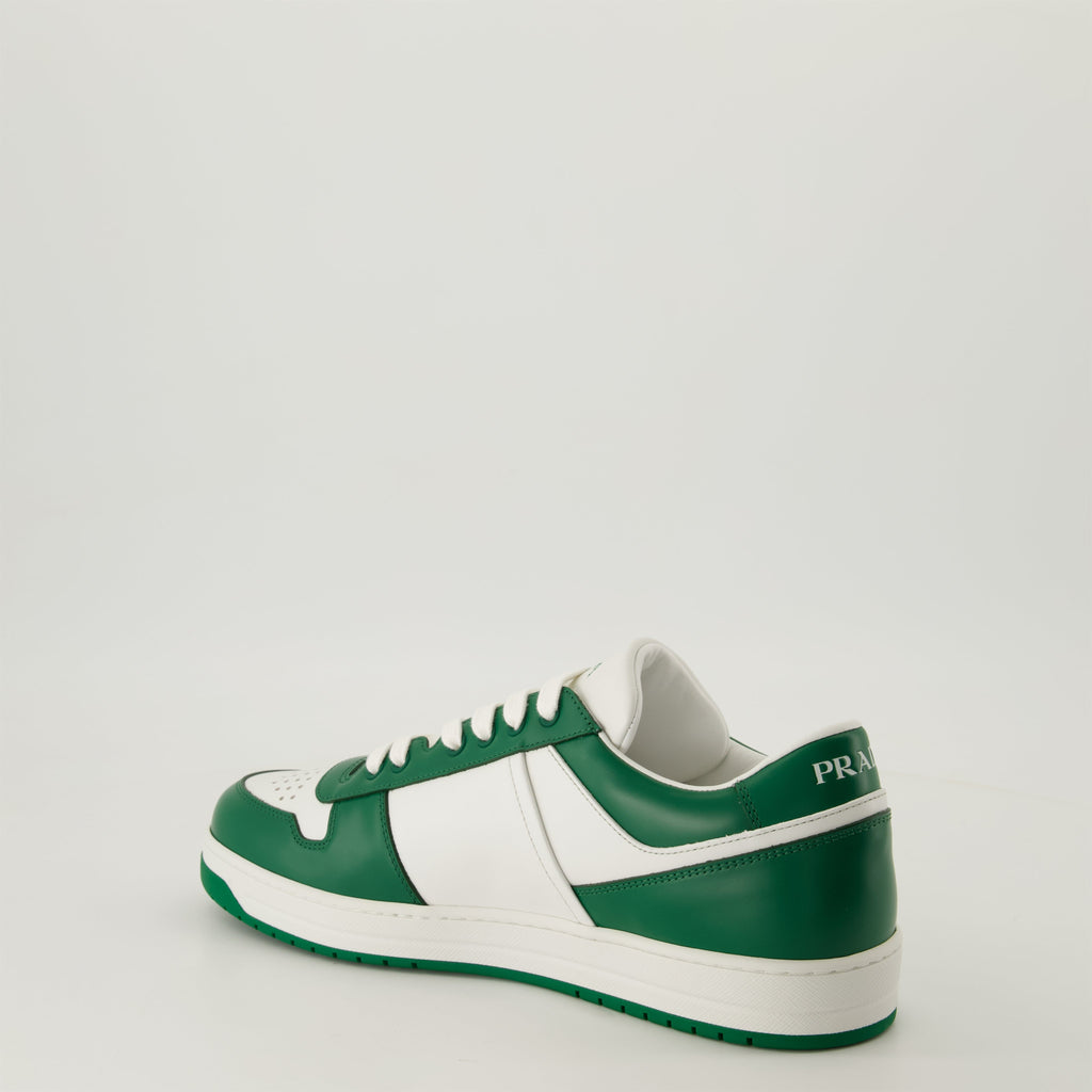 Image of Green and White Leather Sneakers by Prada for Men - Season Autumn-Winter 2024 - Back Right Three-Quarter View