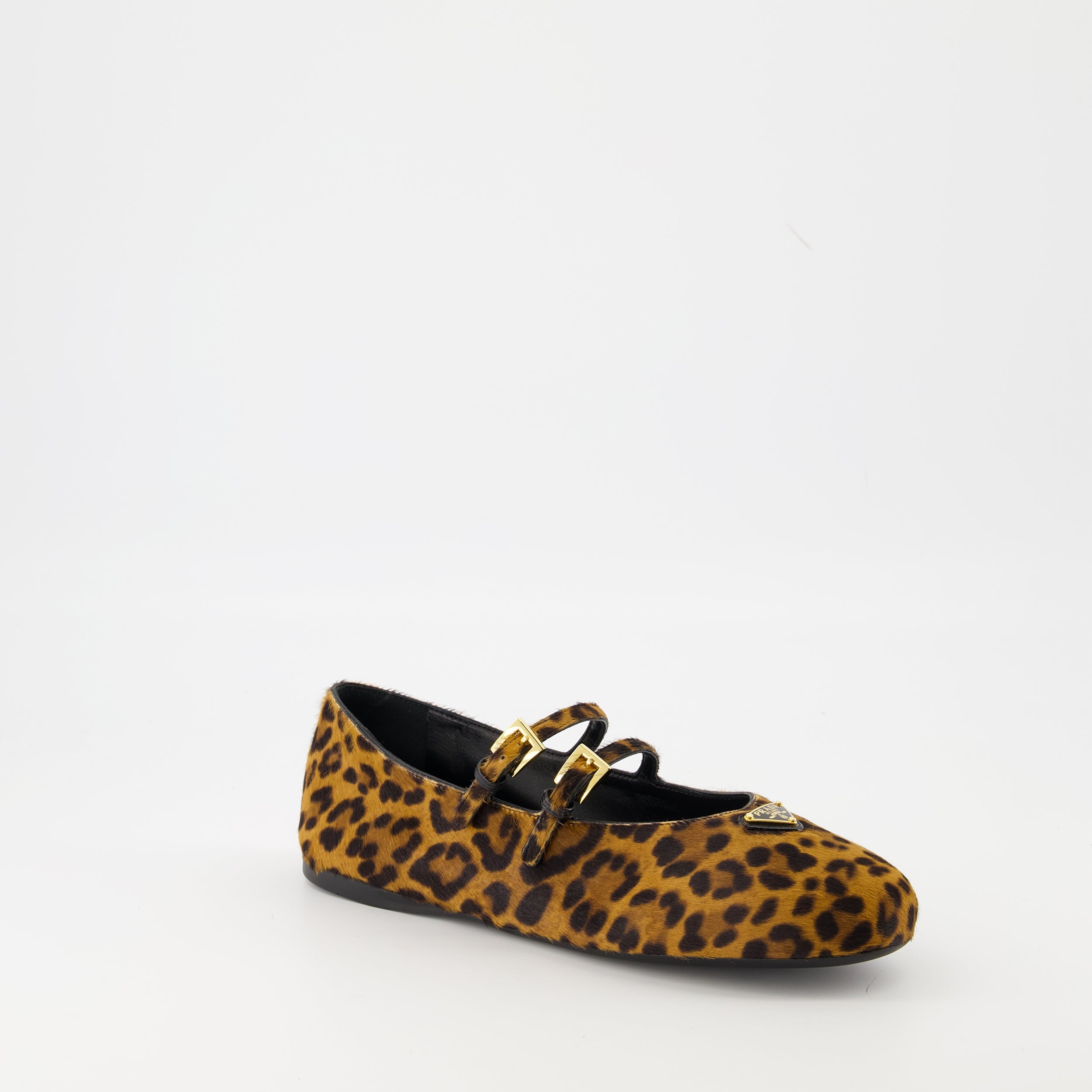 Prada ballerinas, leopard print shoes, calf leather flats, designer footwear, adjustable strap ballerinas