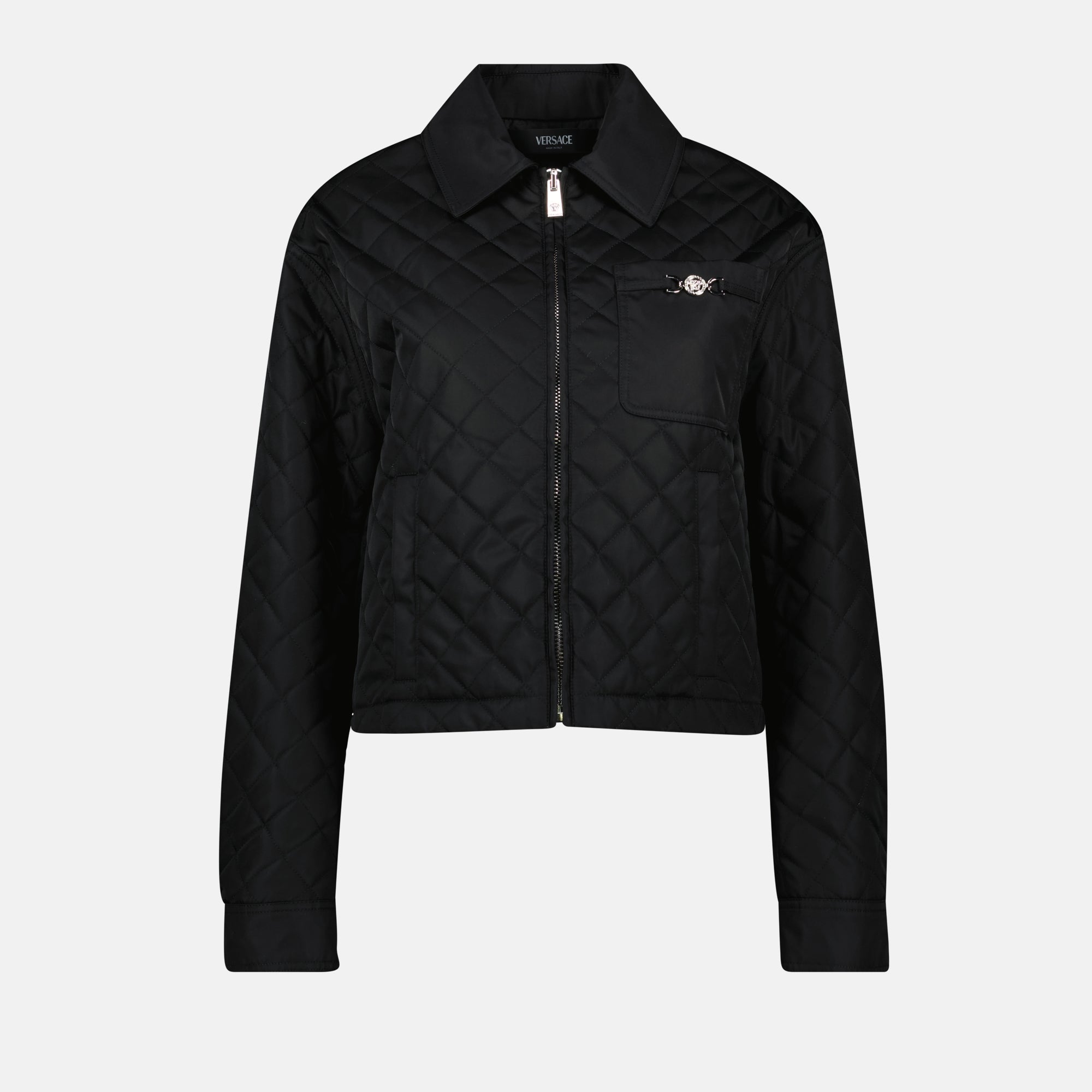 diamond quilted blouson, Versace outerwear, contemporary style jacket, women's quilted jacket, Medusa finish apparel