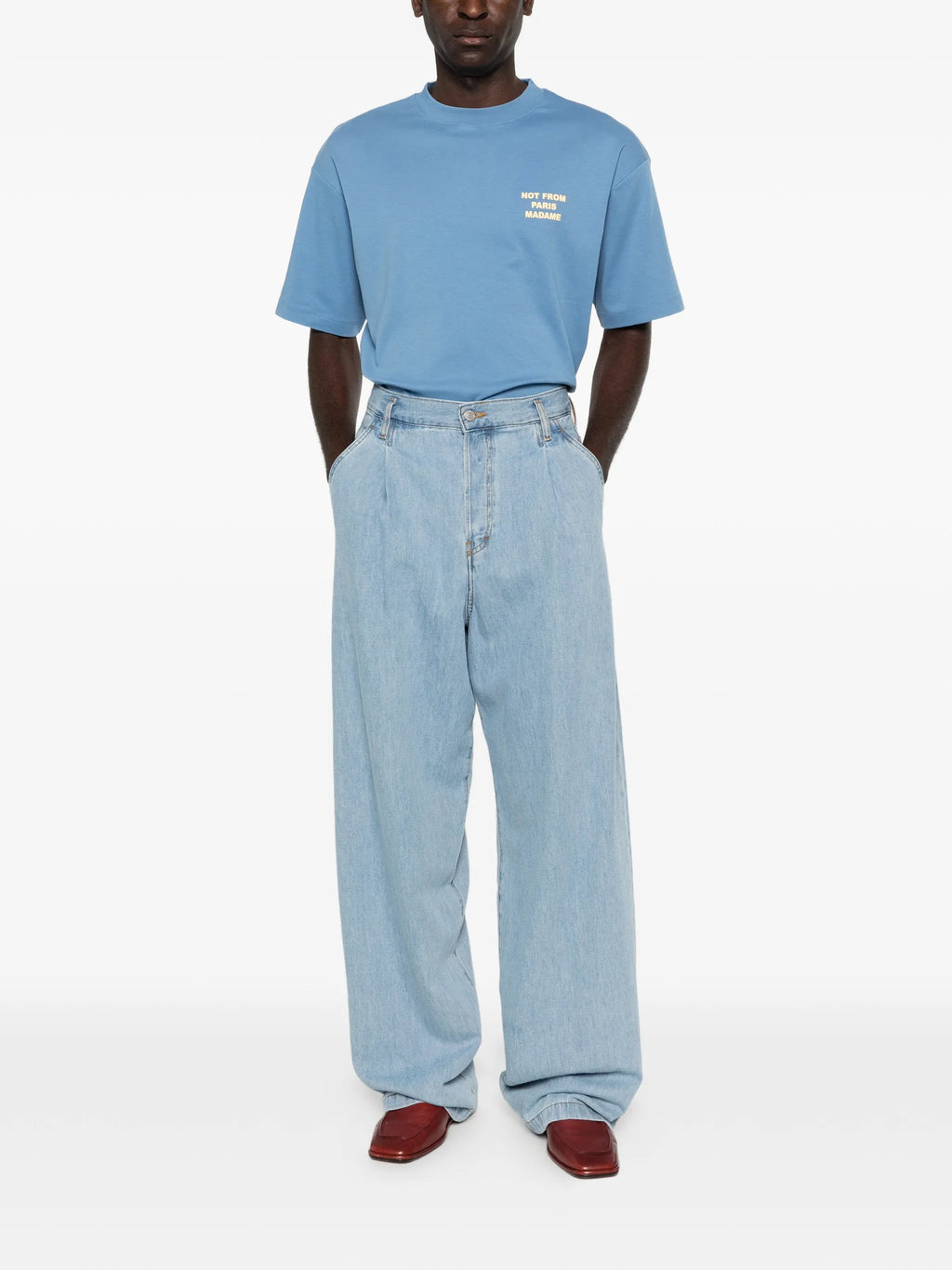 Image of Blue T-Shirt 'Not From Paris Madame' - Drôle de Monsieur by Drole De Monsieur for Men - Season Spring-Summer 2026 - Model View 1