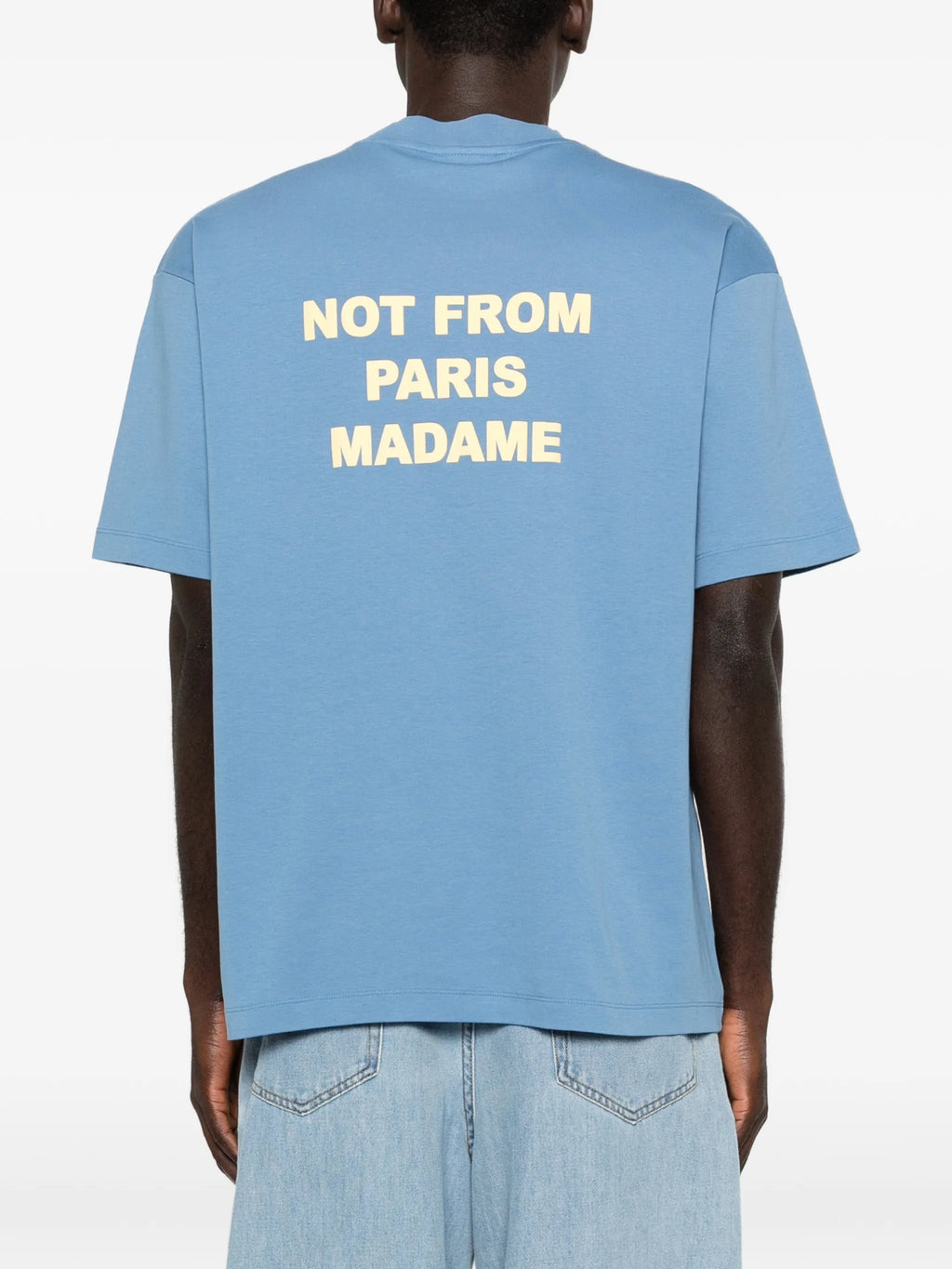 Image of Blue T-Shirt 'Not From Paris Madame' - Drôle de Monsieur by Drole De Monsieur for Men - Season Spring-Summer 2026 - Model View 3
