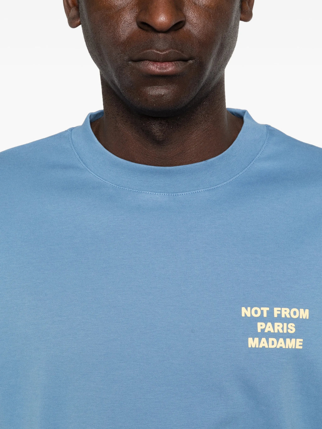 Image of Blue T-Shirt 'Not From Paris Madame' - Drôle de Monsieur by Drole De Monsieur for Men - Season Spring-Summer 2026 - Model View 4