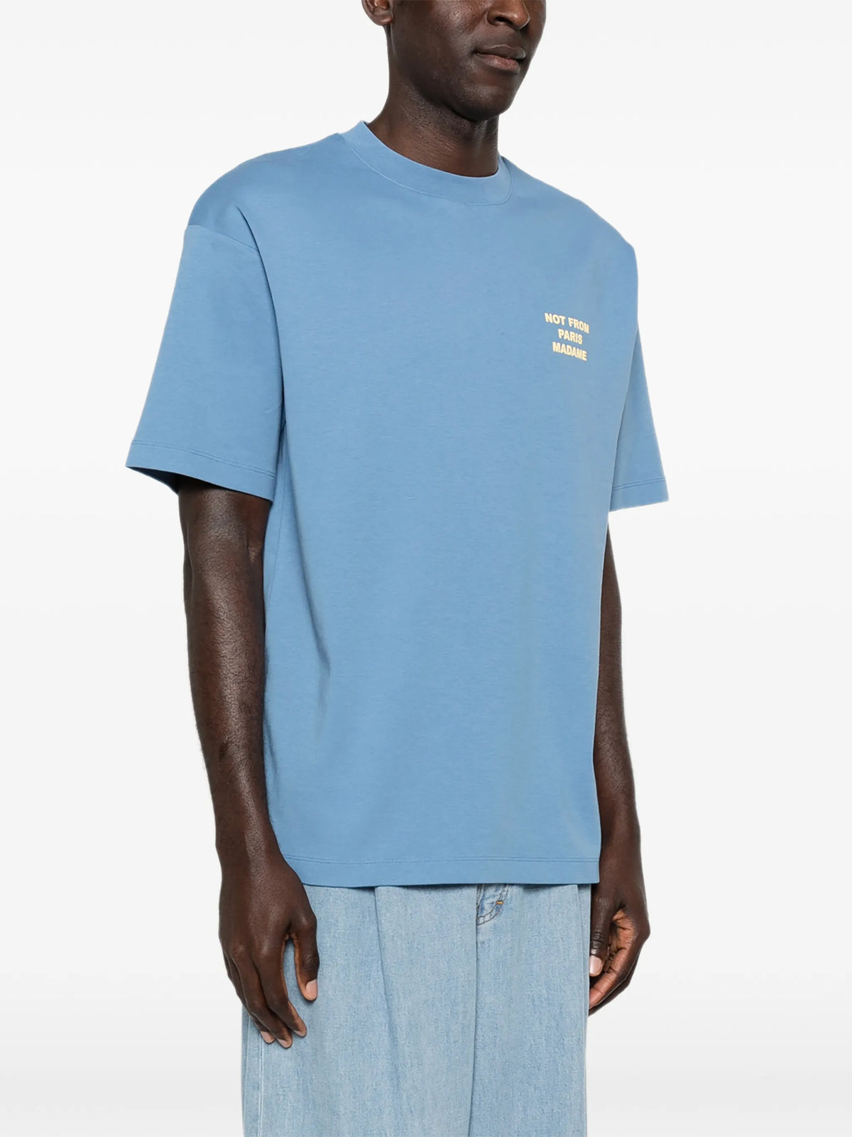 Image of Blue T-Shirt 'Not From Paris Madame' - Drôle de Monsieur by Drole De Monsieur for Men - Season Spring-Summer 2026 - Model View 2