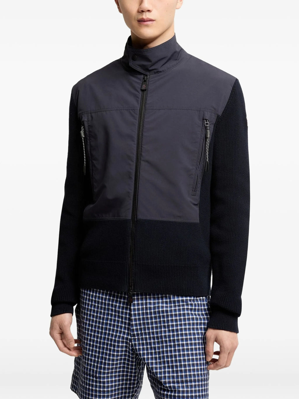 Image of Cardigan Jacket Bi-Material Blue by Moncler Grenoble for Men - Season Spring-Summer 2026 - Model View 2