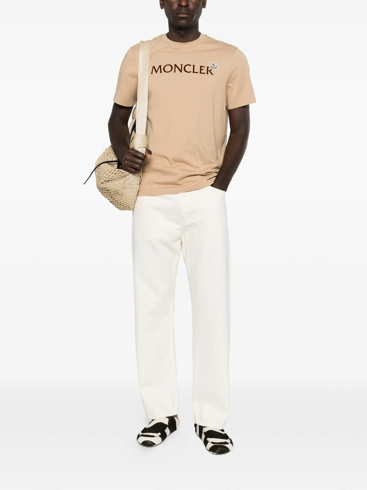 Image of Beige Logo Tee by Moncler for Men - Season Spring-Summer 2026 - Model View 1