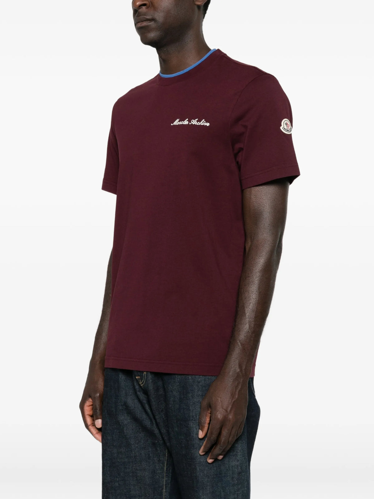 Image of Embroidered Logo Bordeaux T-Shirt by Moncler for Men - Season Spring-Summer 2026 - Model View 2