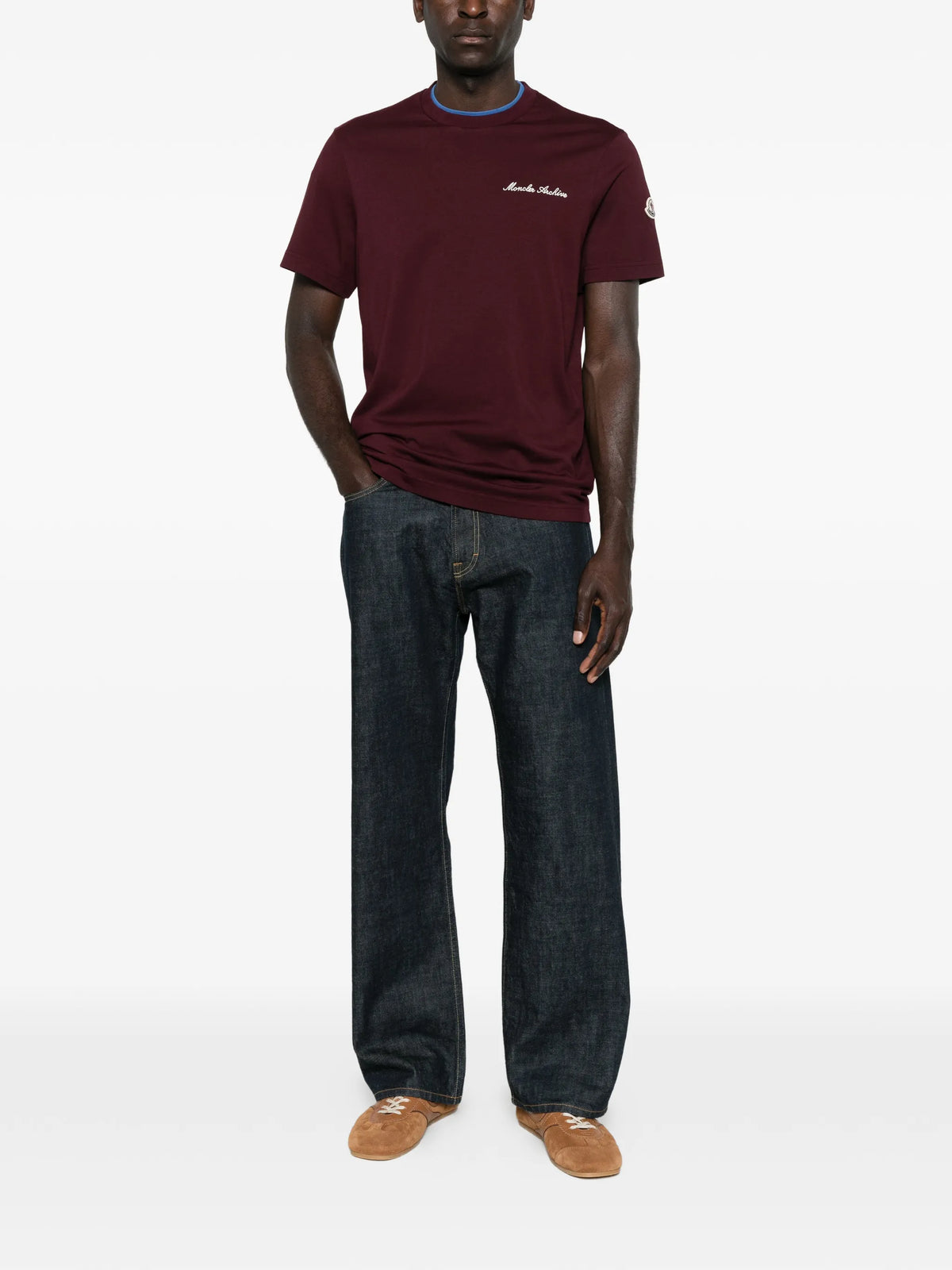 Image of Embroidered Logo Bordeaux T-Shirt by Moncler for Men - Season Spring-Summer 2026 - Model View 1
