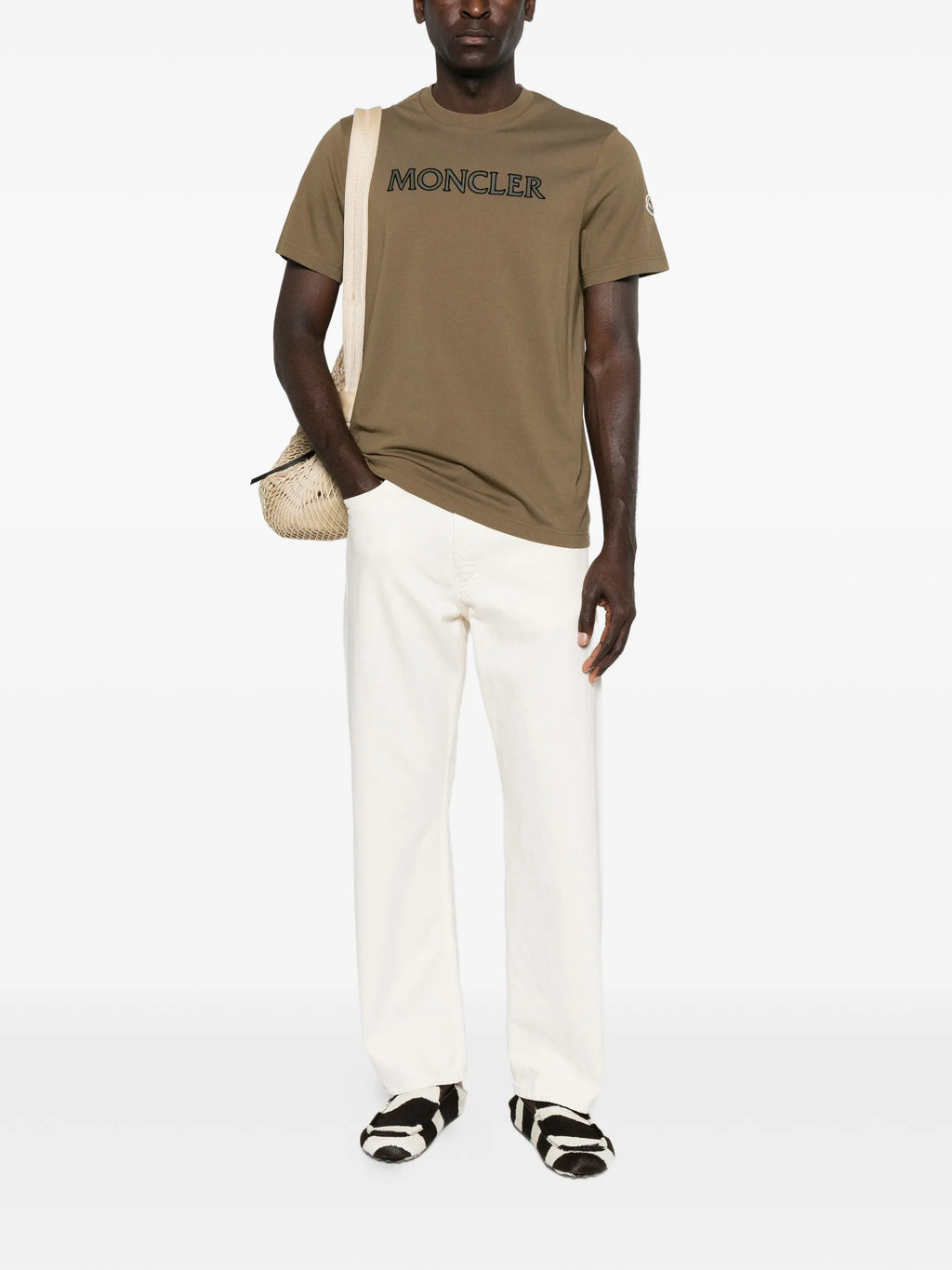 Image of Kaki Logo Print T-Shirt by Moncler for Men - Season Spring-Summer 2026 - Model View 1