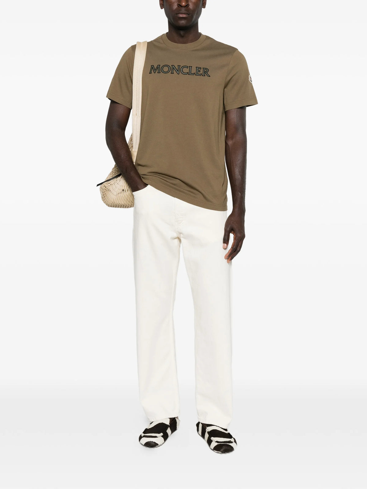 Image of Kaki Logo Print T-Shirt by Moncler for Men - Season Spring-Summer 2026 - Model View 1
