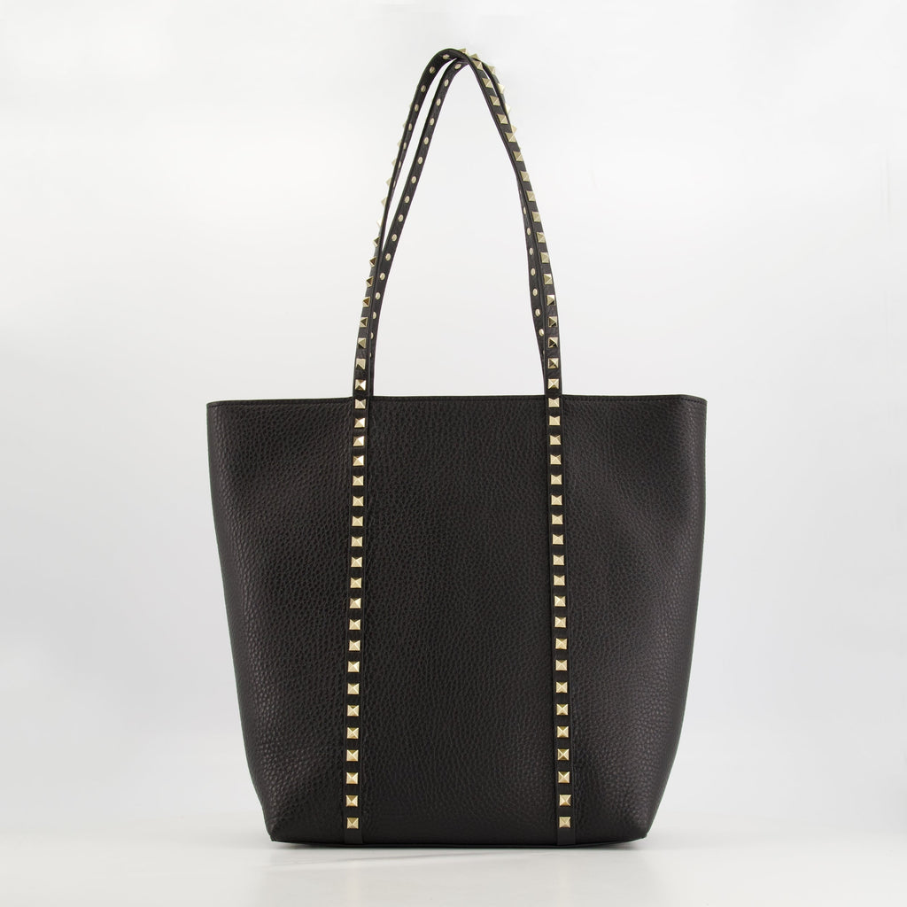 Rockstud Tote, Grained Leather, Removable Pouch, Platinum Finish, Black Tote Bag