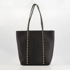 Rockstud Tote, Grained Leather, Removable Pouch, Platinum Finish, Black Tote Bag