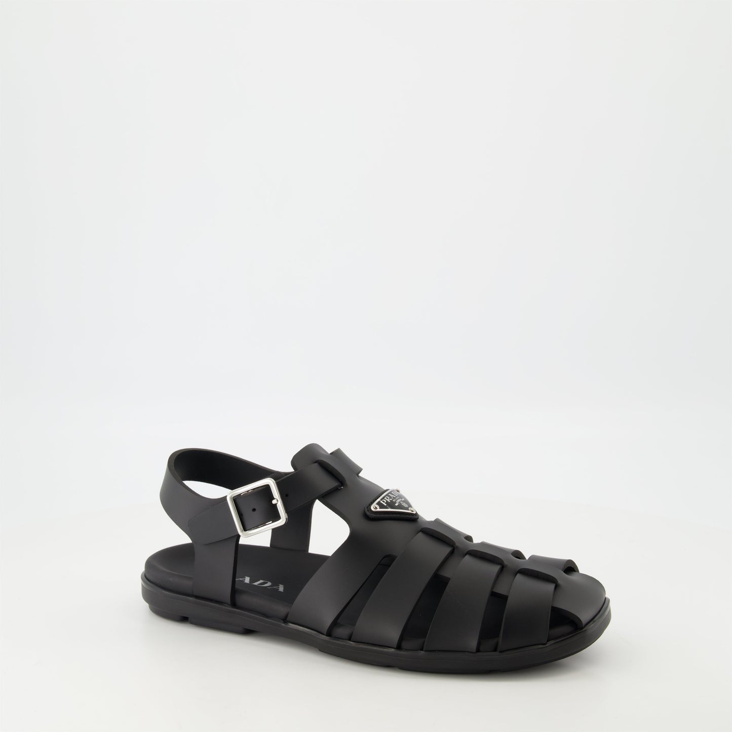 fisherman sandals, black rubber sandals, Prada footwear, adjustable sandals, casual footwear